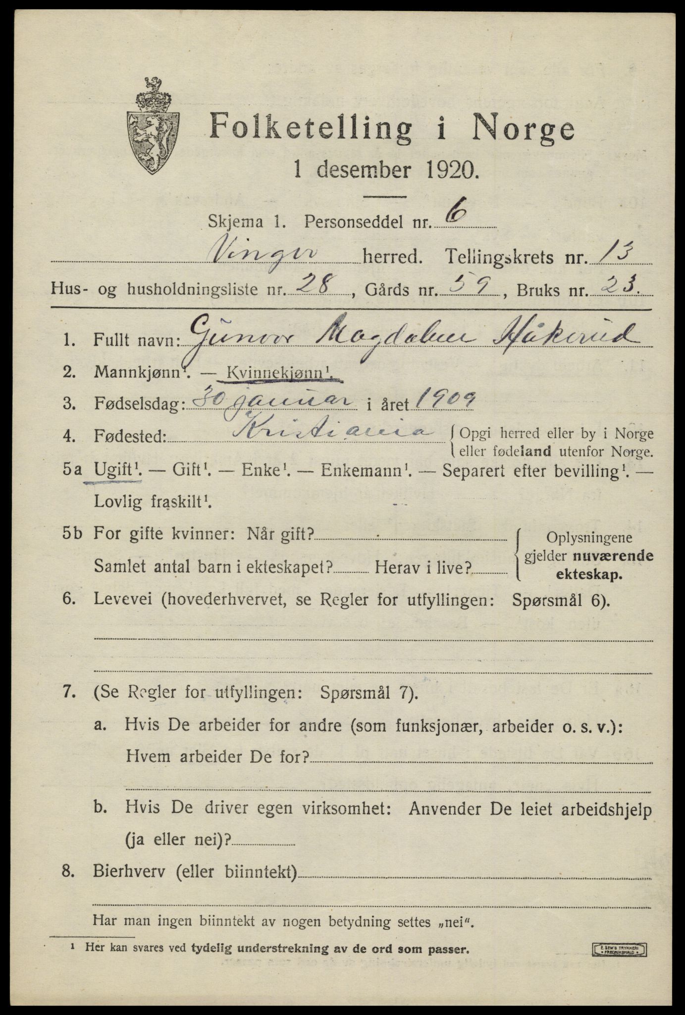 SAH, 1920 census for Vinger, 1920, p. 11366