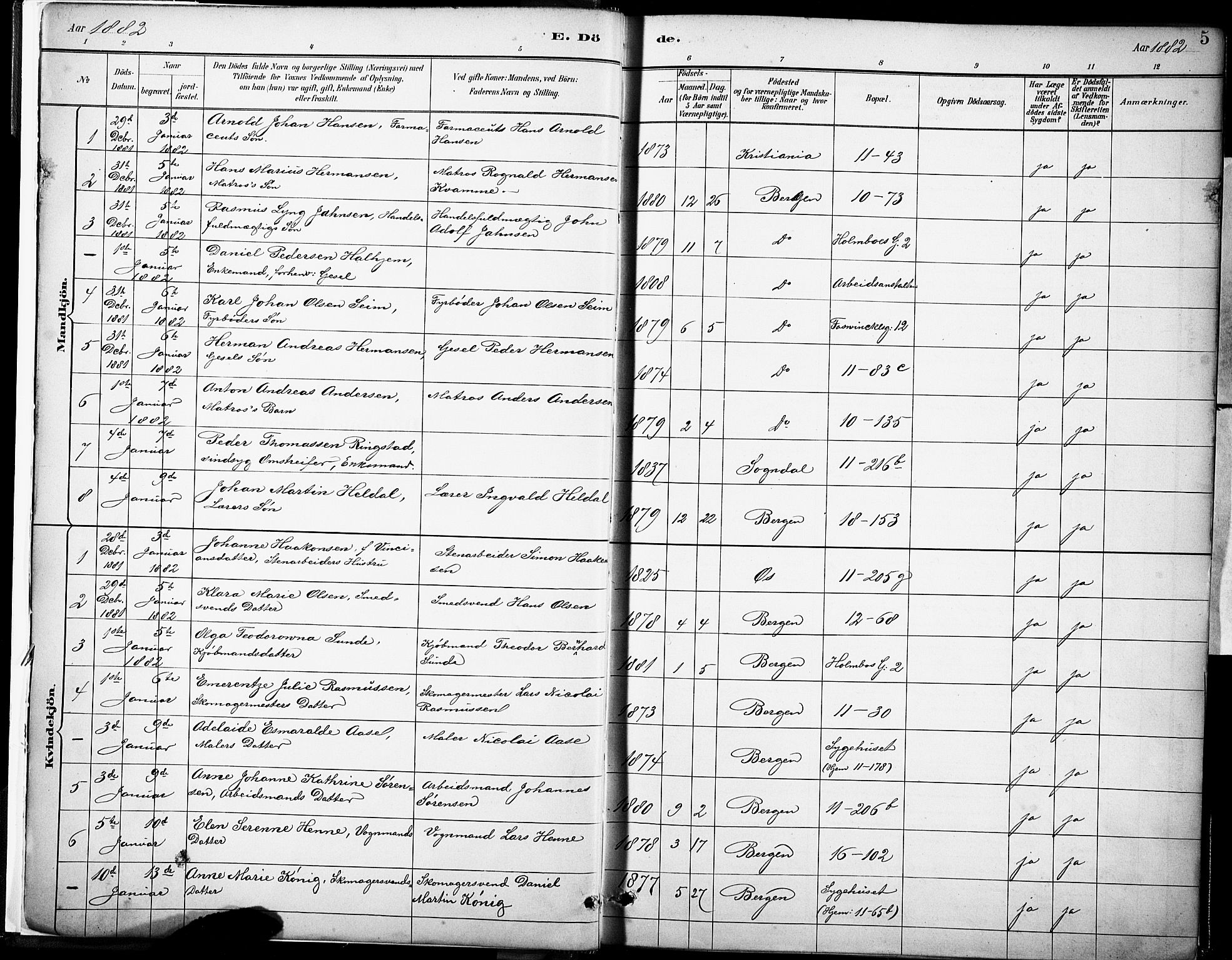 Domkirken sokneprestembete, AV/SAB-A-74801/H/Haa/L0043: Parish register (official) no. E 5, 1882-1904, p. 5