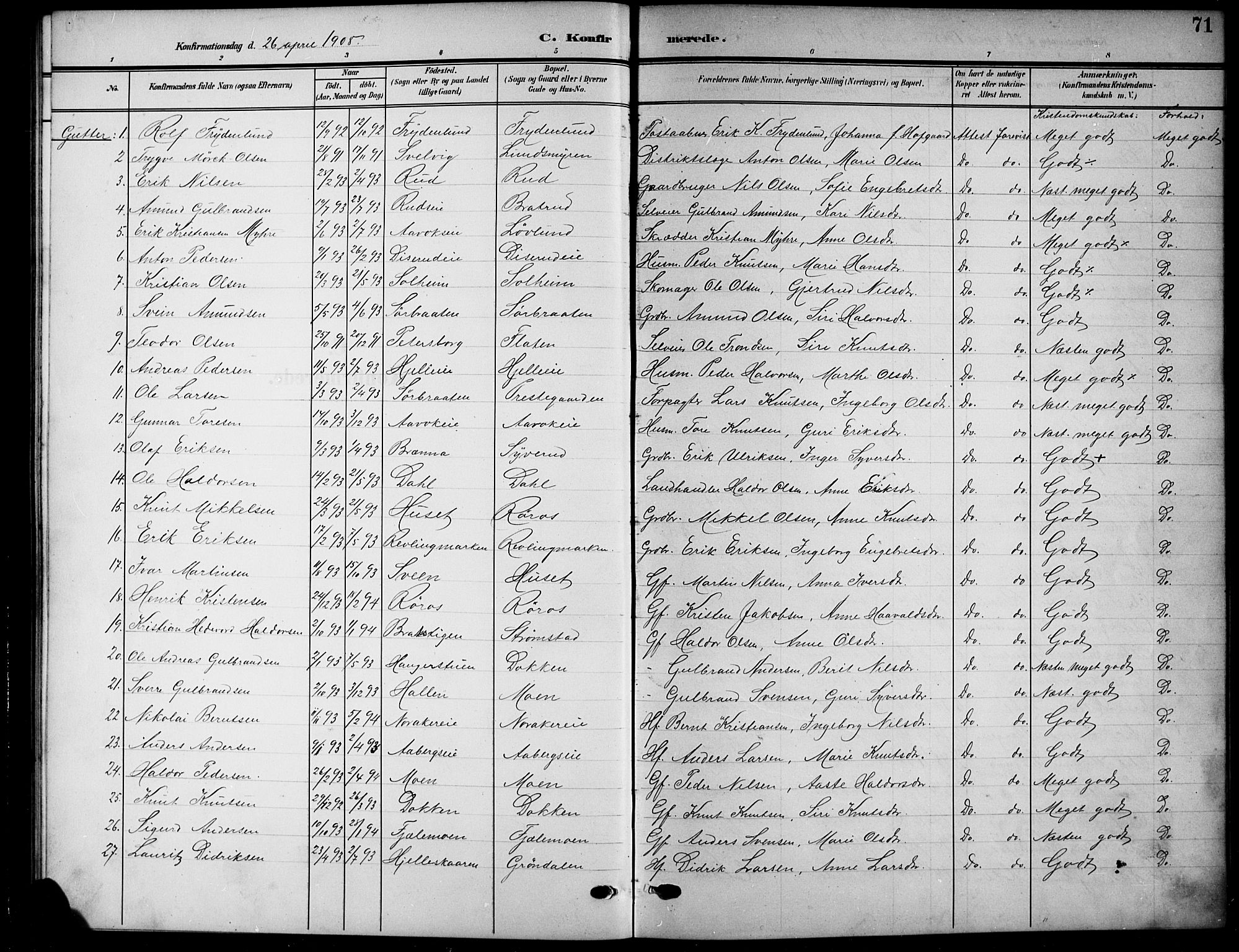 Nord-Aurdal prestekontor, SAH/PREST-132/H/Ha/Hab/L0012: Parish register (copy) no. 12, 1907-1920, p. 71