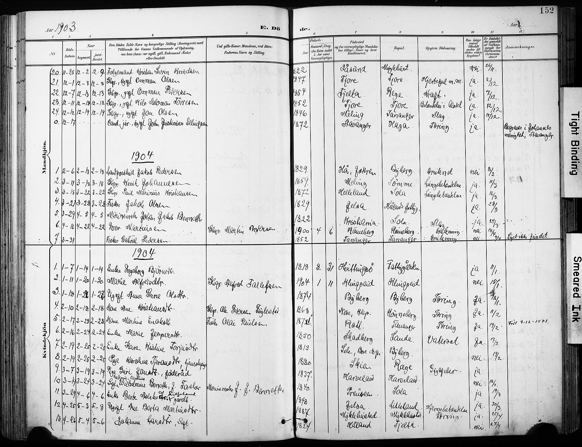 Håland sokneprestkontor, AV/SAST-A-101802/001/30BA/L0013: Parish register (official) no. A 12, 1901-1913, p. 152