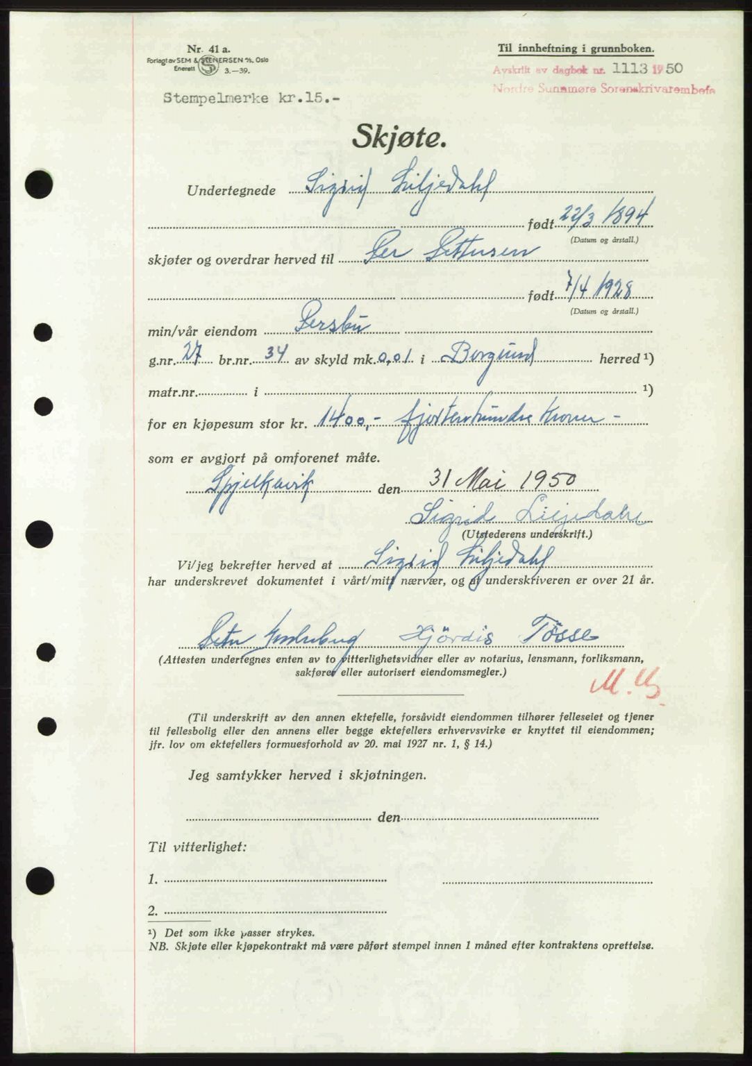 Nordre Sunnmøre sorenskriveri, AV/SAT-A-0006/1/2/2C/2Ca: Mortgage book no. A34, 1950-1950, Diary no: : 1113/1950