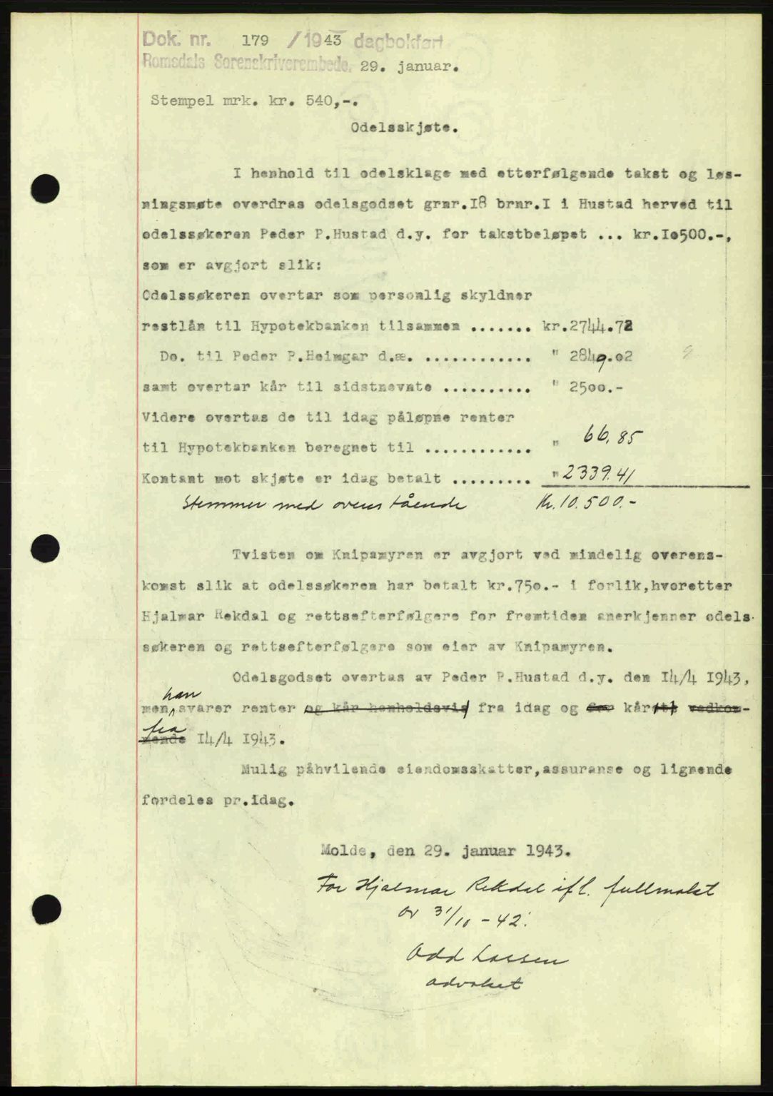 Romsdal sorenskriveri, AV/SAT-A-4149/1/2/2C: Mortgage book no. A13, 1942-1943, Diary no: : 179/1943