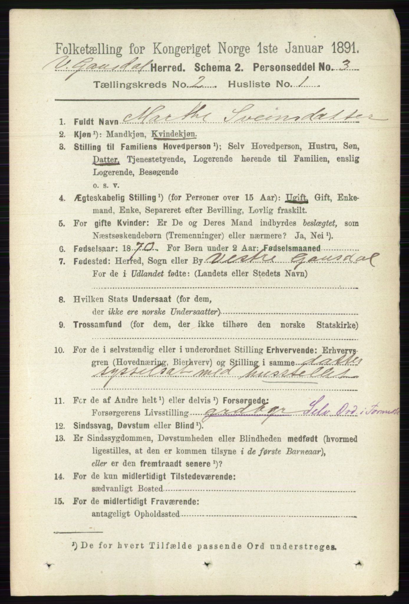 RA, 1891 census for 0523 Vestre Gausdal, 1891, p. 511