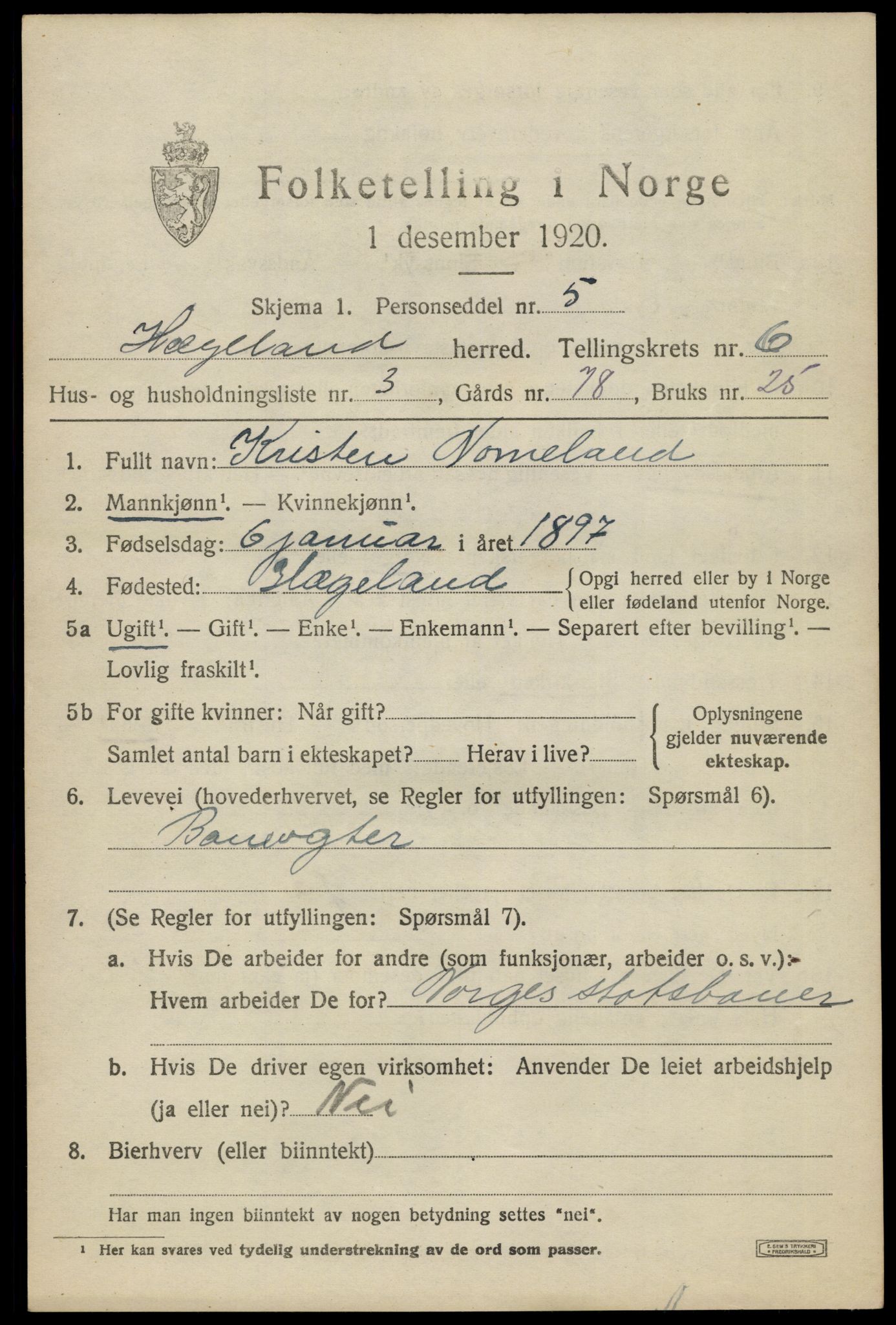 SAK, 1920 census for Hægeland, 1920, p. 2333