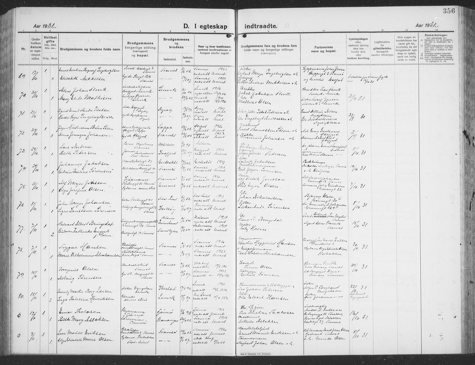 Tromsø sokneprestkontor/stiftsprosti/domprosti, AV/SATØ-S-1343/G/Gb/L0010klokker: Parish register (copy) no. 10, 1925-1937, p. 356