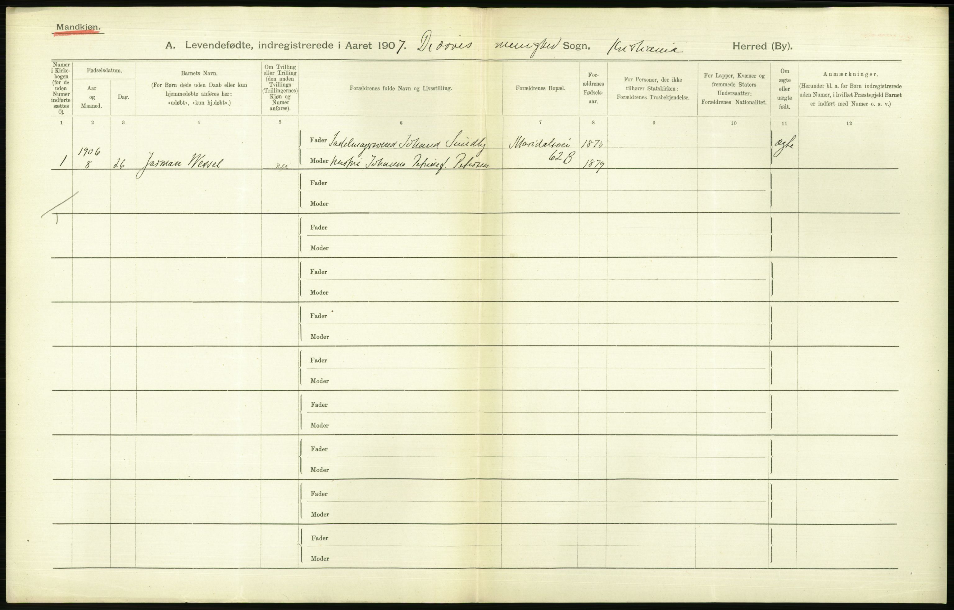 Statistisk sentralbyrå, Sosiodemografiske emner, Befolkning, AV/RA-S-2228/D/Df/Dfa/Dfae/L0007: Kristiania: Levendefødte menn og kvinner., 1907, p. 664