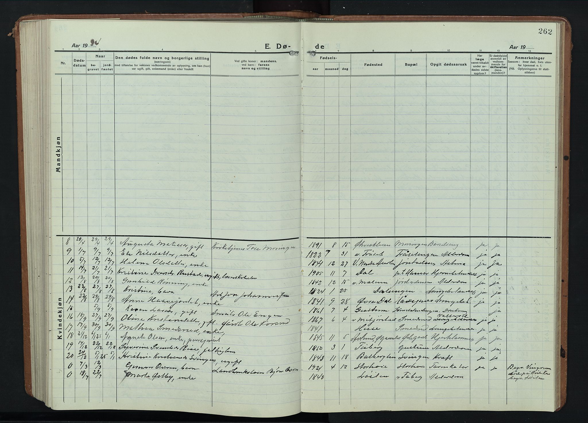 Fåberg prestekontor, SAH/PREST-086/H/Ha/Hab/L0014: Parish register (copy) no. 14, 1922-1946, p. 262