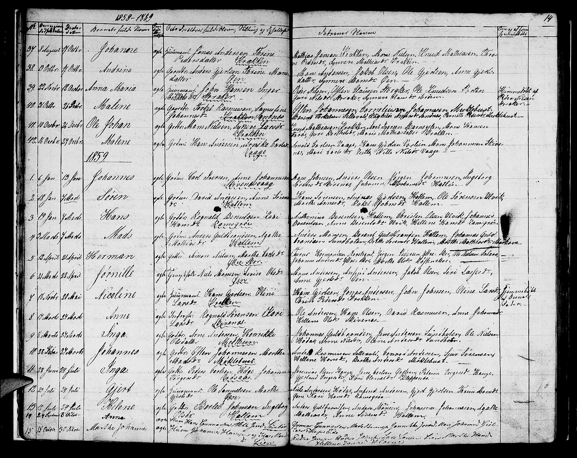 Hyllestad sokneprestembete, SAB/A-80401: Parish register (copy) no. C 1, 1853-1873, p. 14