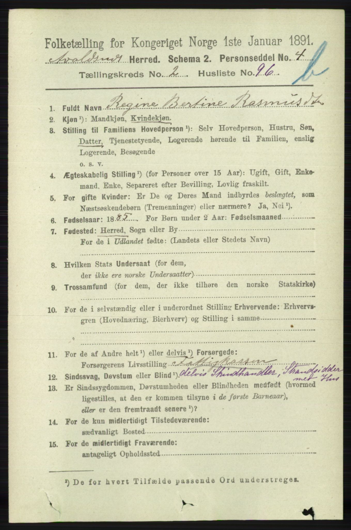 RA, 1891 census for 1147 Avaldsnes, 1891, p. 2495