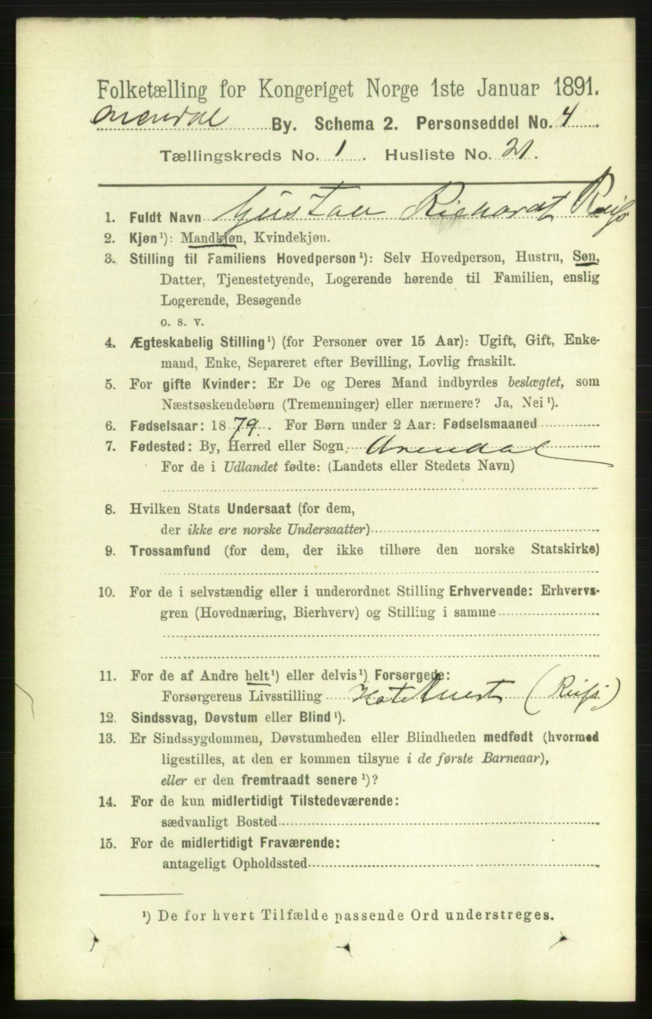 RA, 1891 census for 0903 Arendal, 1891, p. 1214