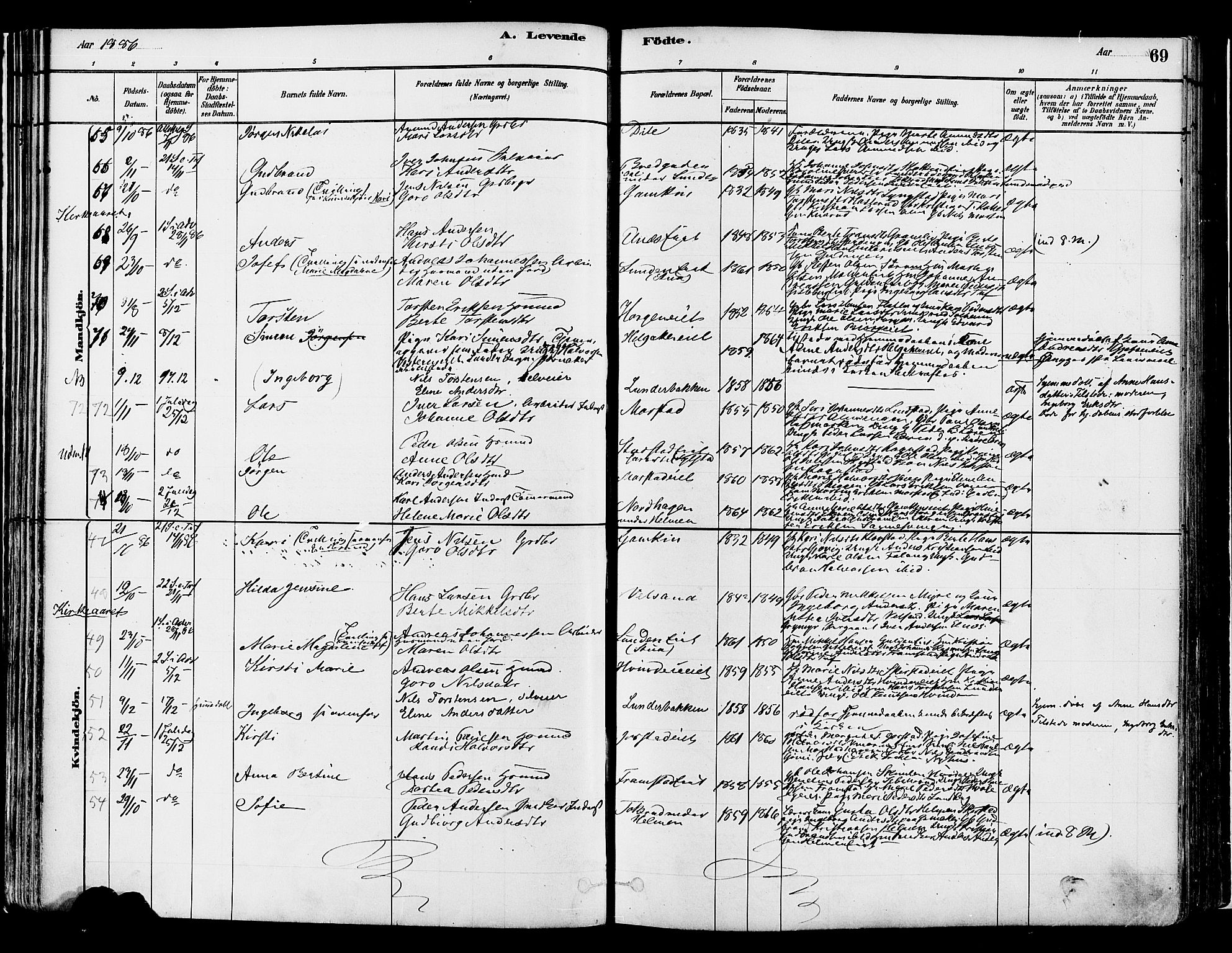 Gran prestekontor, SAH/PREST-112/H/Ha/Haa/L0014: Parish register (official) no. 14, 1880-1889, p. 69