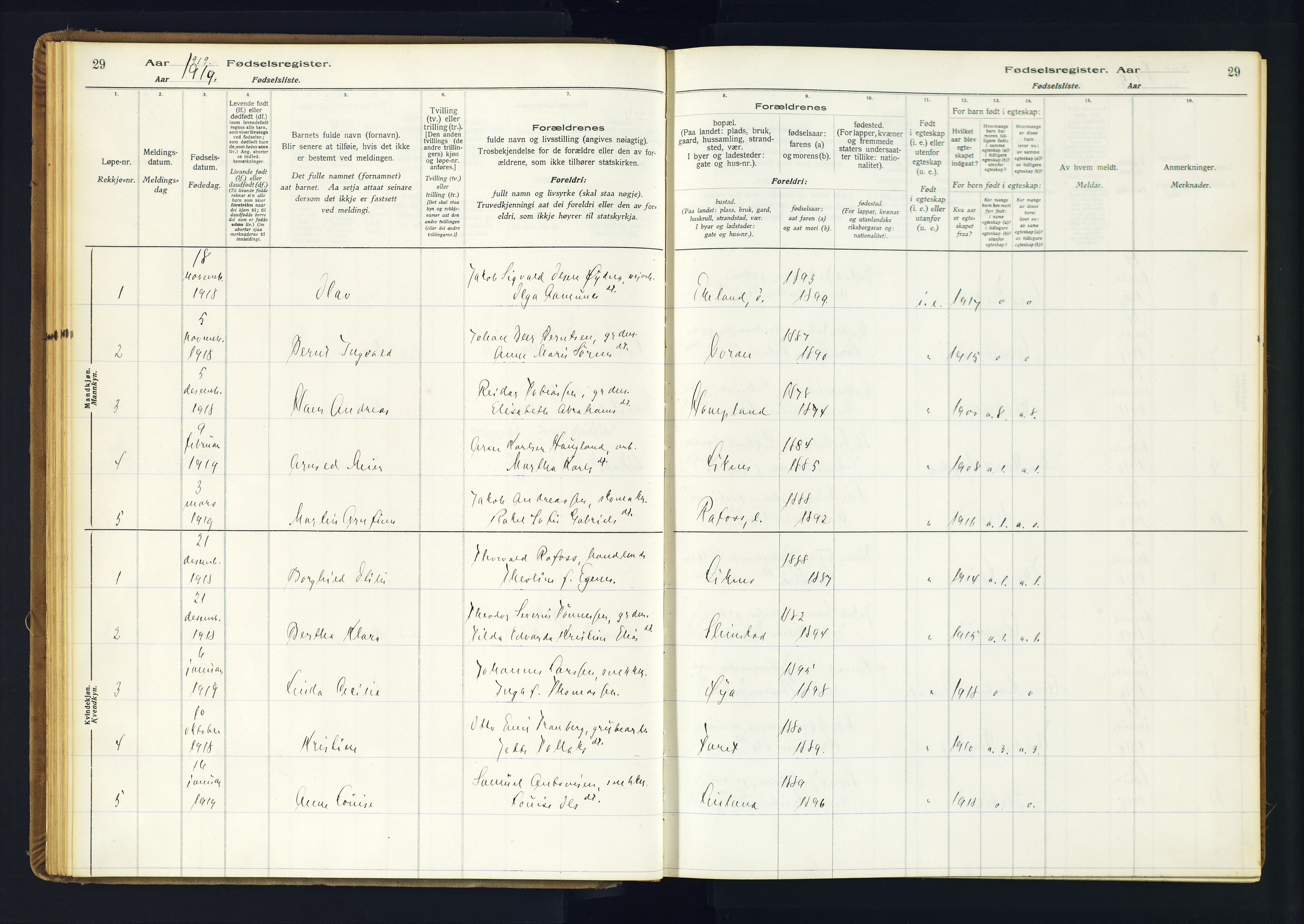 Kvinesdal sokneprestkontor, AV/SAK-1111-0026/J/Ja/L0001: Birth register no. 1, 1916-1941, p. 29