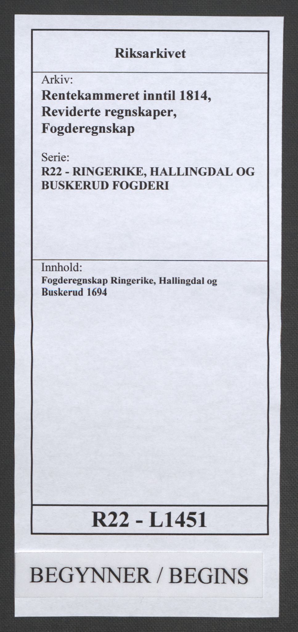 Rentekammeret inntil 1814, Reviderte regnskaper, Fogderegnskap, RA/EA-4092/R22/L1451: Fogderegnskap Ringerike, Hallingdal og Buskerud, 1694, p. 1