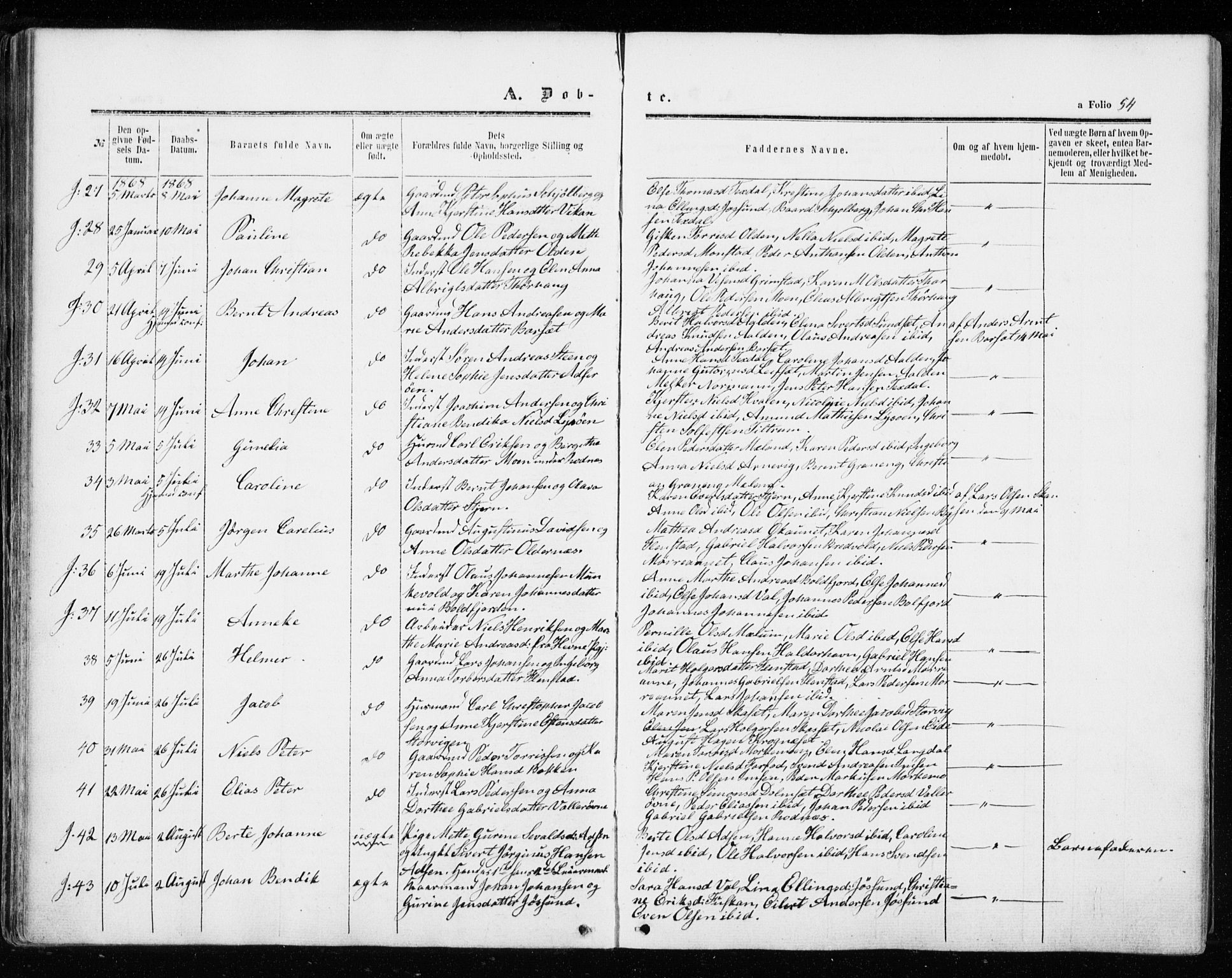 Ministerialprotokoller, klokkerbøker og fødselsregistre - Sør-Trøndelag, AV/SAT-A-1456/655/L0678: Parish register (official) no. 655A07, 1861-1873, p. 54