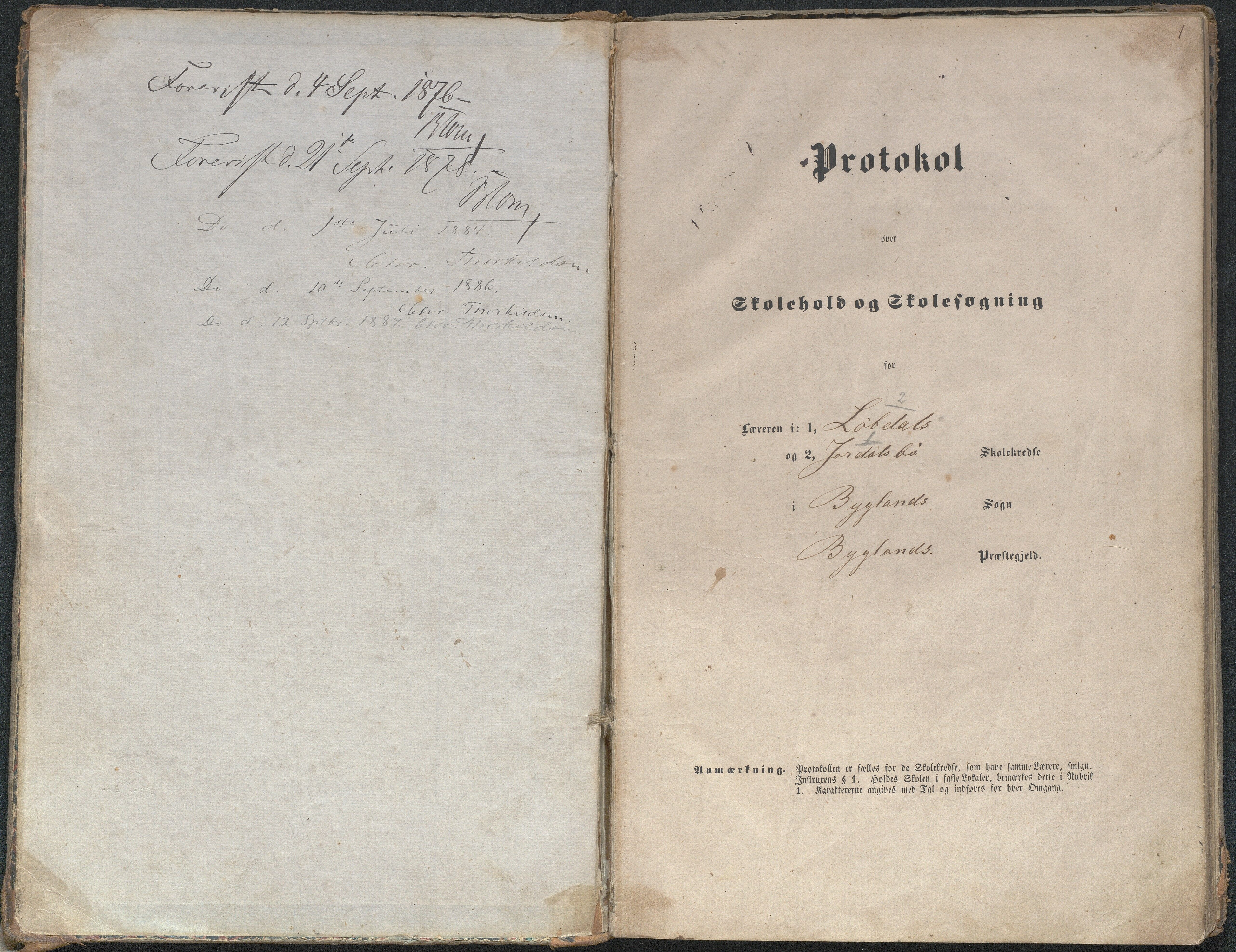 Bygland kommune, Skulekrinsar i Midt-Bygland, AAKS/KA0938-550b/F4/L0001: Skuleprotokoll Lauvdal og Joraksbø, 1863-1886, p. 1