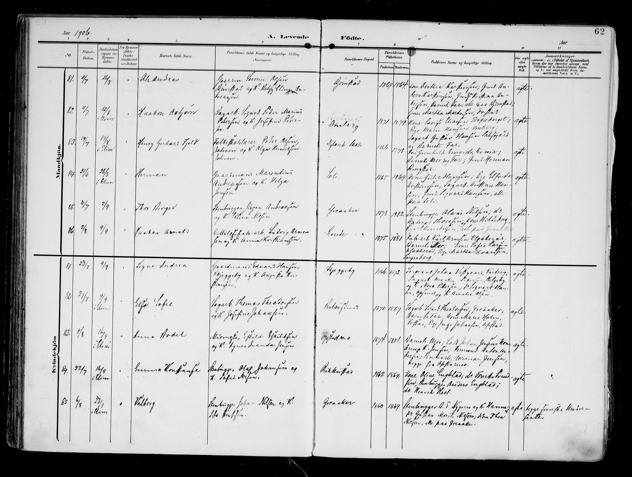 Tune prestekontor Kirkebøker, AV/SAO-A-2007/F/Fa/L0020: Parish register (official) no. 20, 1904-1909, p. 62