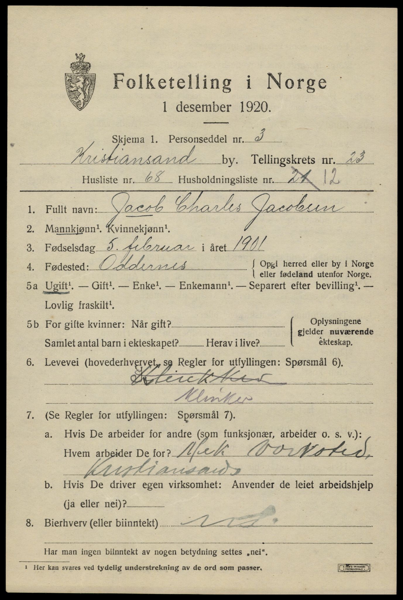 SAK, 1920 census for Kristiansand, 1920, p. 41653