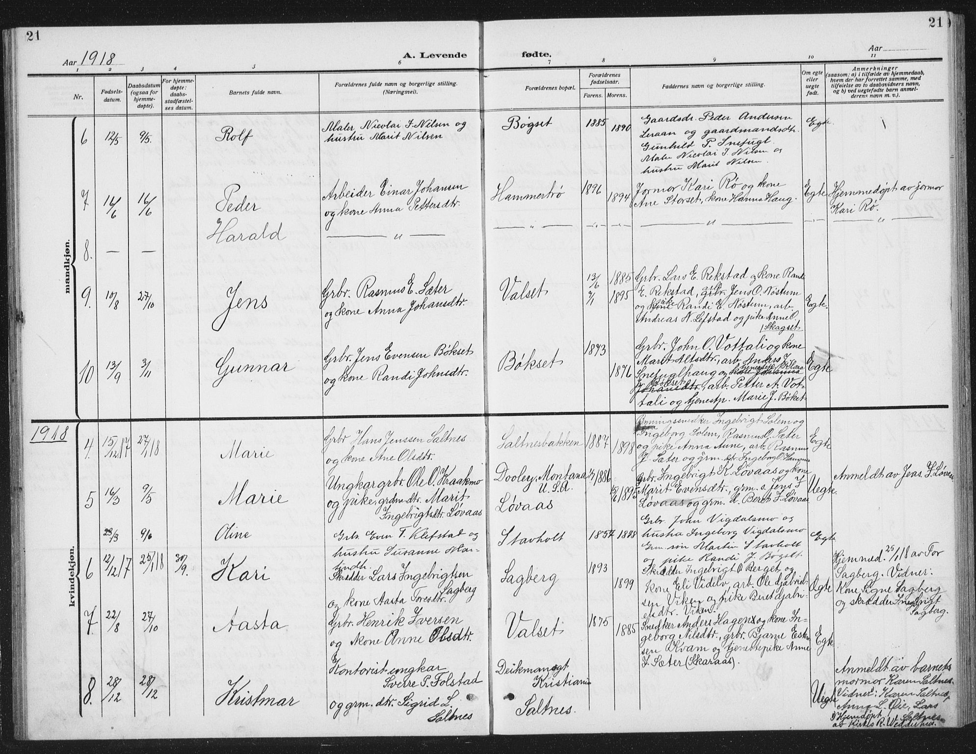 Ministerialprotokoller, klokkerbøker og fødselsregistre - Sør-Trøndelag, SAT/A-1456/666/L0791: Parish register (copy) no. 666C04, 1909-1939, p. 21