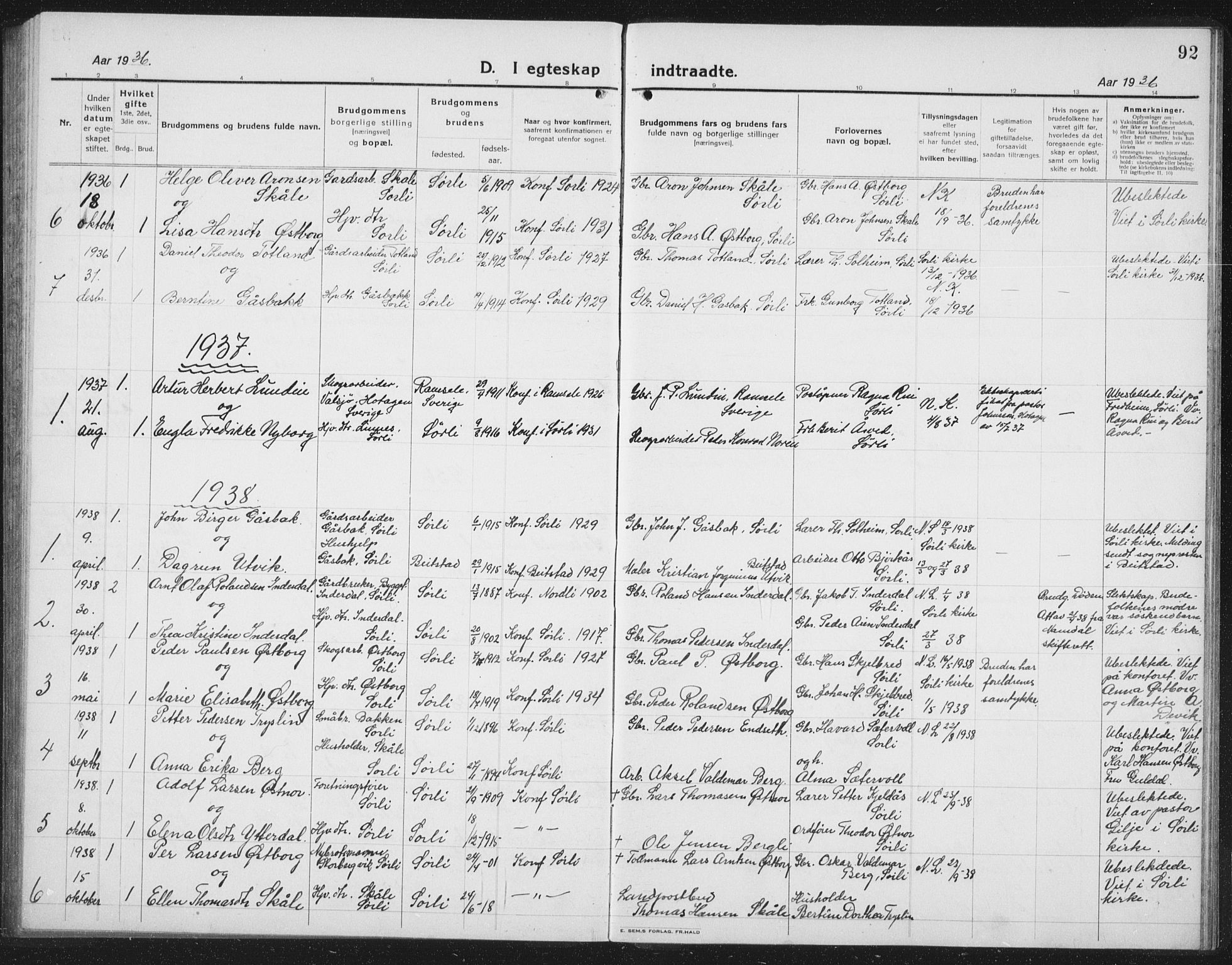 Ministerialprotokoller, klokkerbøker og fødselsregistre - Nord-Trøndelag, SAT/A-1458/757/L0507: Parish register (copy) no. 757C02, 1923-1939, p. 92