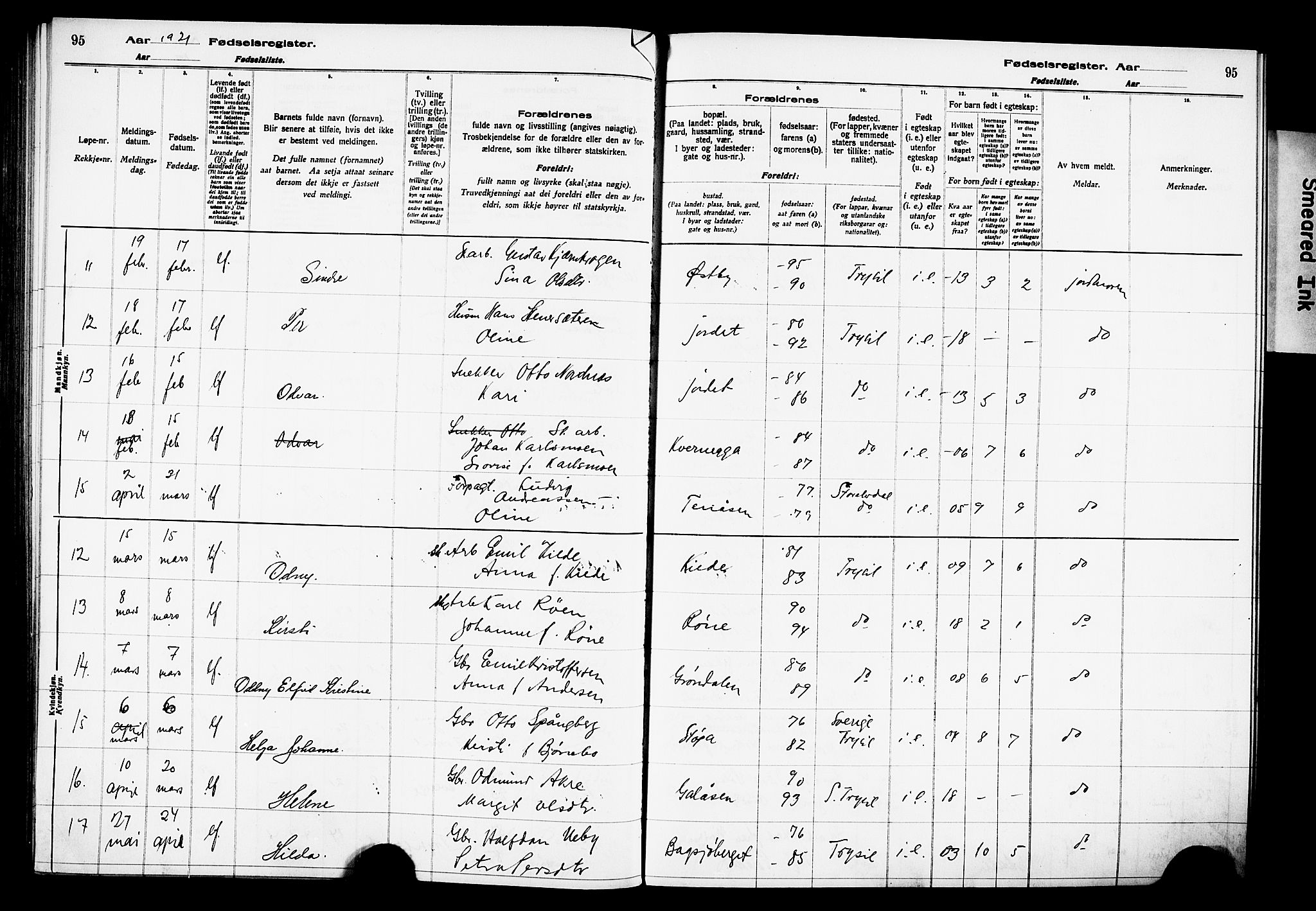 Trysil prestekontor, AV/SAH-PREST-046/I/Id/Ida/L0001: Birth register no. I 1, 1916-1927, p. 95