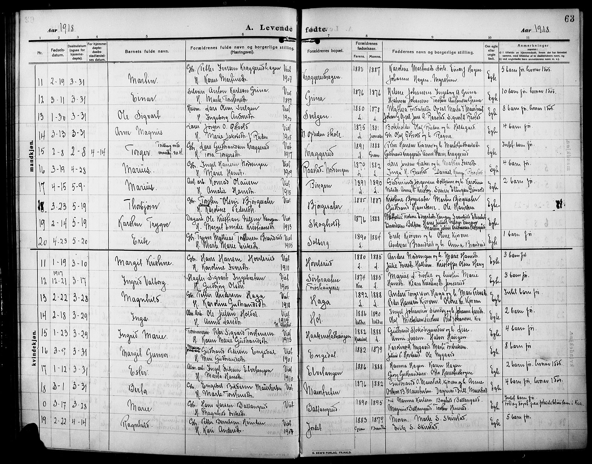 Lunner prestekontor, SAH/PREST-118/H/Ha/Hab/L0001: Parish register (copy) no. 1, 1909-1922, p. 63