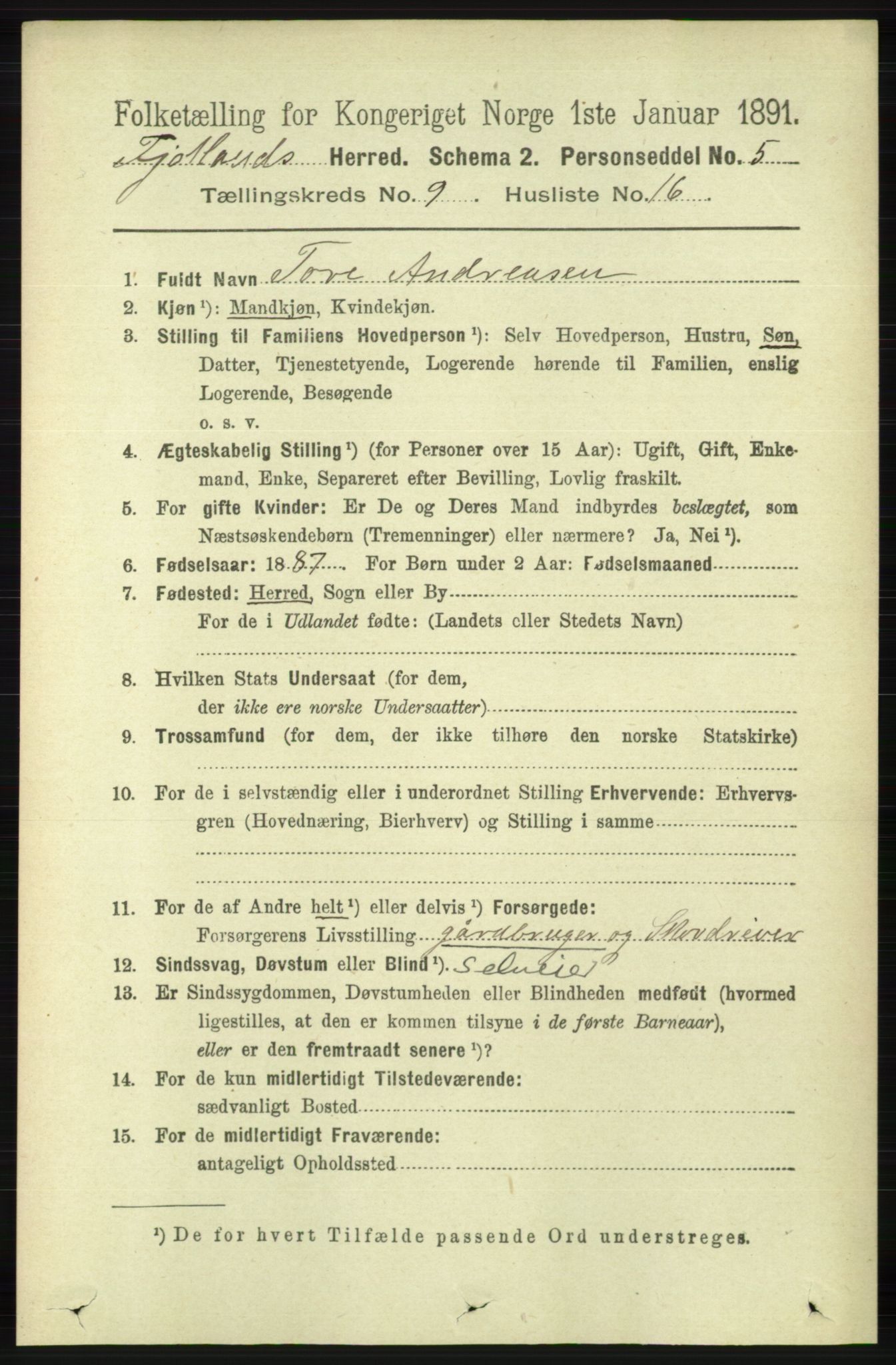 RA, 1891 census for 1036 Fjotland, 1891, p. 1392