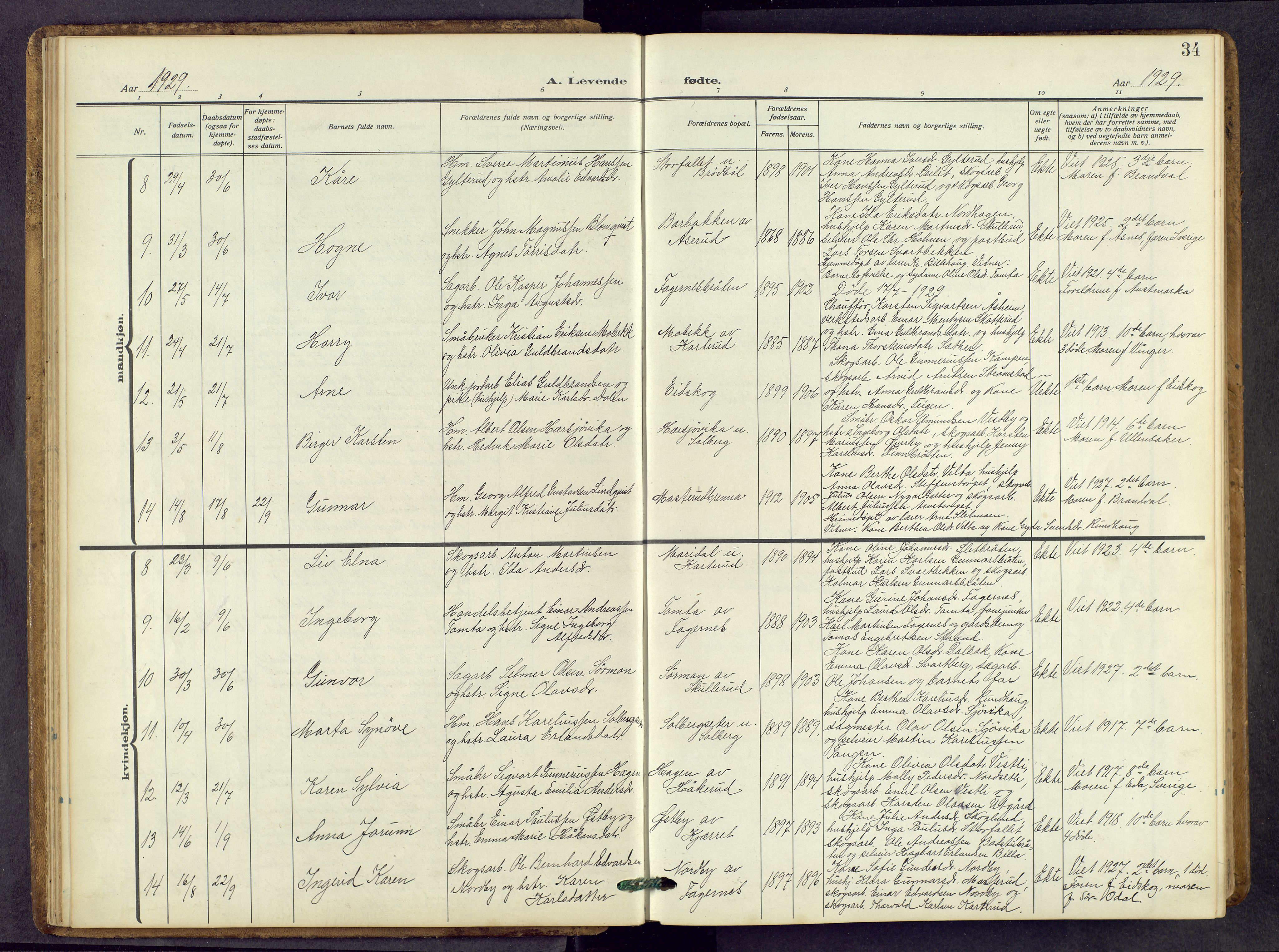 Vinger prestekontor, AV/SAH-PREST-024/H/Ha/Hab/L0006: Parish register (copy) no. 6, 1921-1973, p. 34