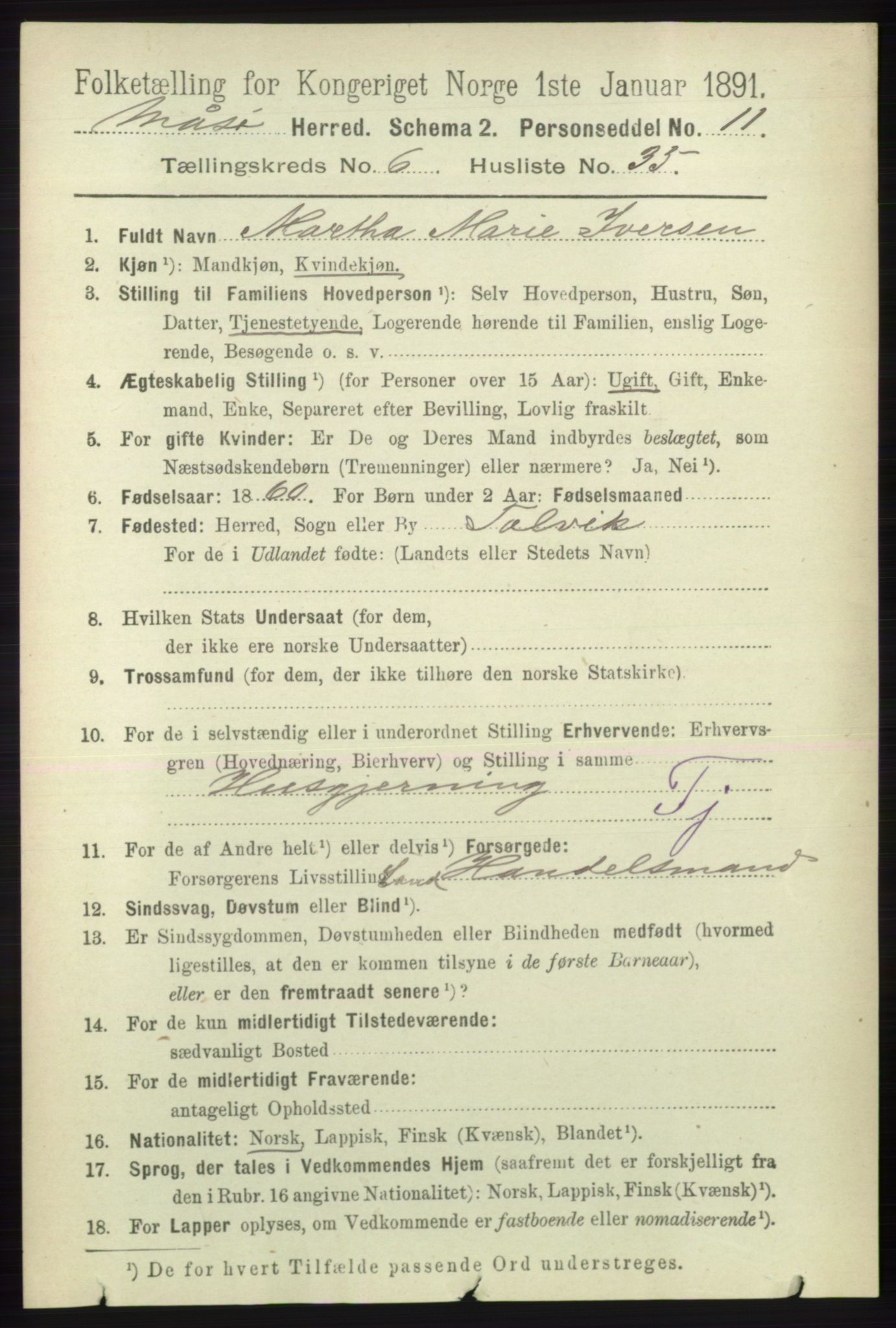 RA, 1891 census for 2018 Måsøy, 1891, p. 1330