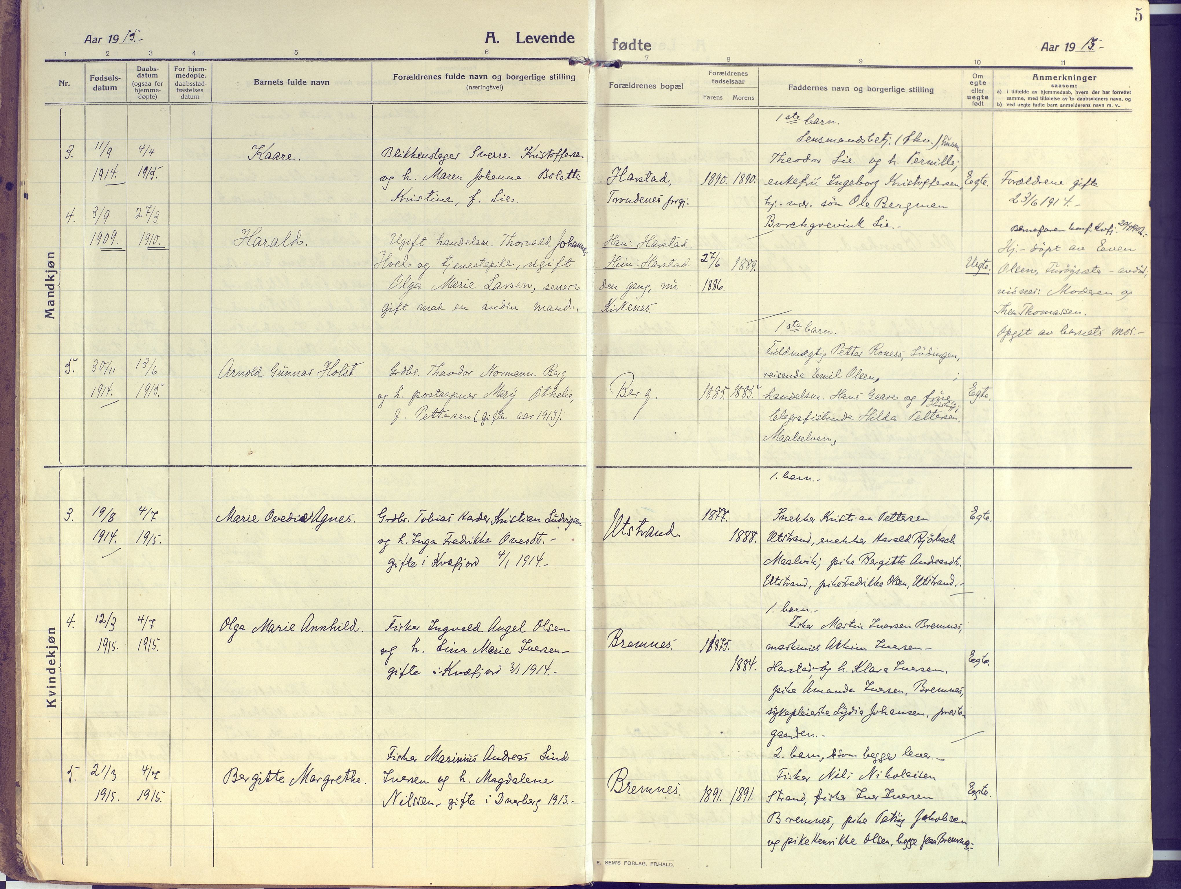 Kvæfjord sokneprestkontor, SATØ/S-1323/G/Ga/Gaa/L0007kirke: Parish register (official) no. 7, 1915-1931, p. 5