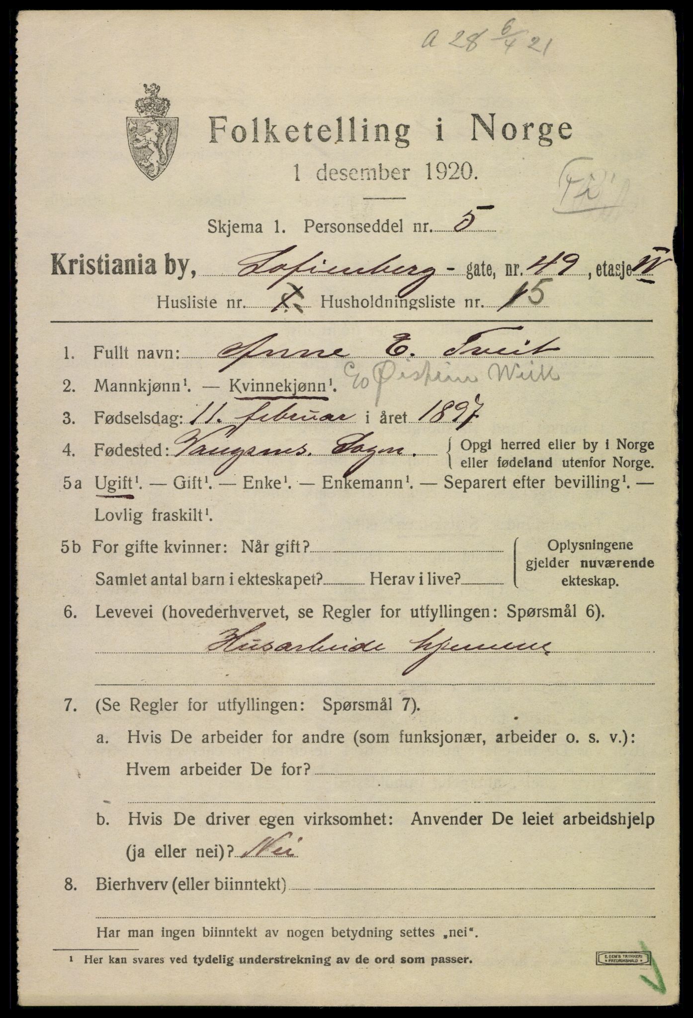 SAO, 1920 census for Kristiania, 1920, p. 524183