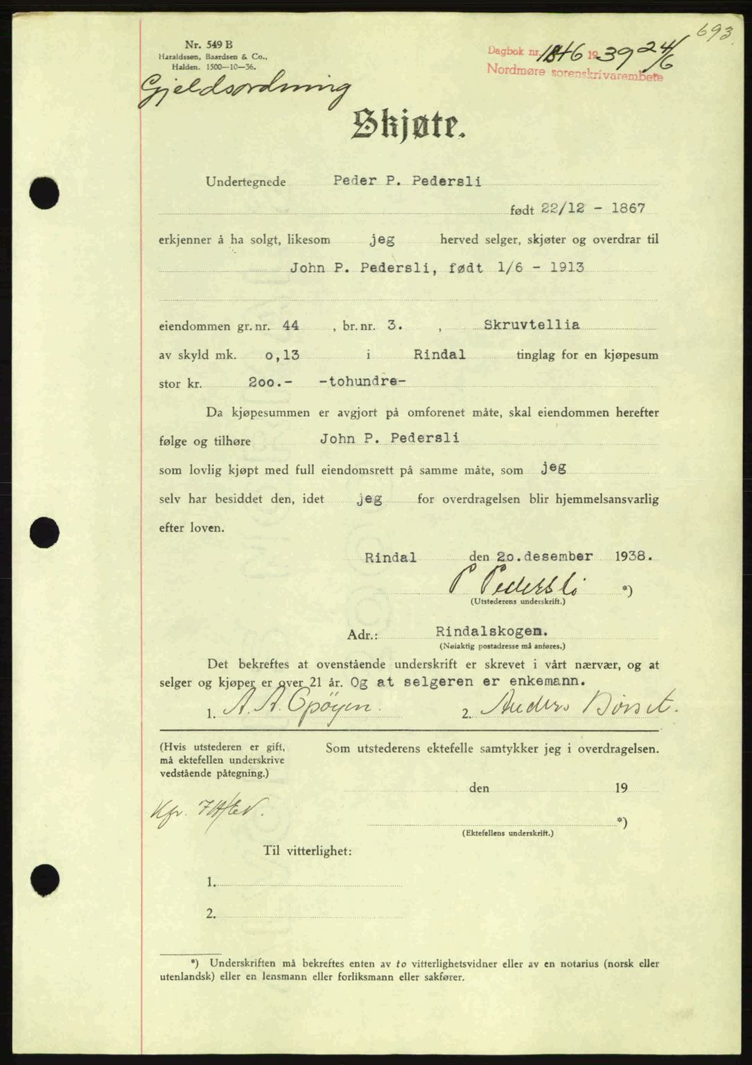 Nordmøre sorenskriveri, AV/SAT-A-4132/1/2/2Ca: Mortgage book no. A86, 1939-1939, Diary no: : 1846/1939