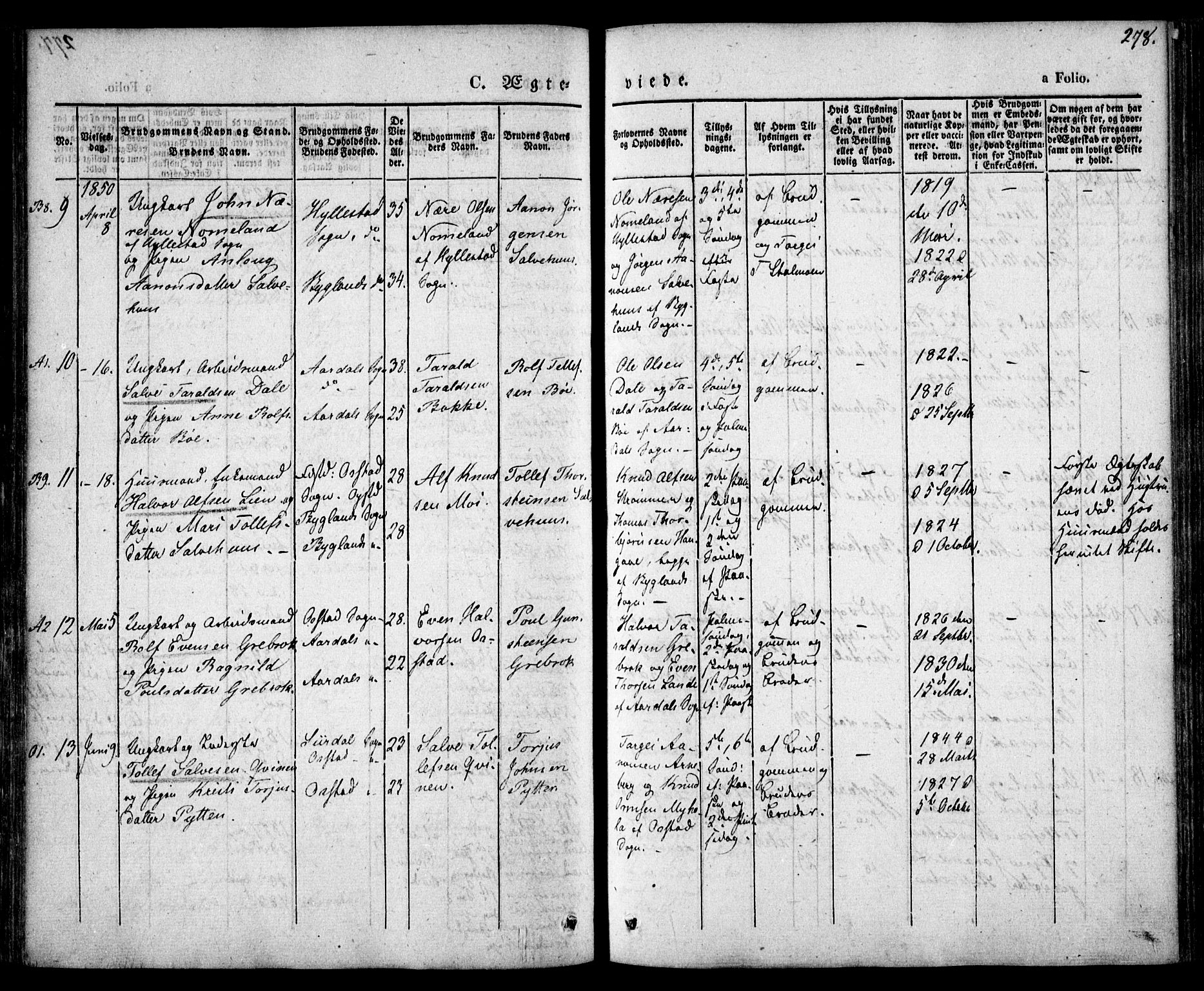 Bygland sokneprestkontor, AV/SAK-1111-0006/F/Fa/Fab/L0004: Parish register (official) no. A 4, 1842-1858, p. 278