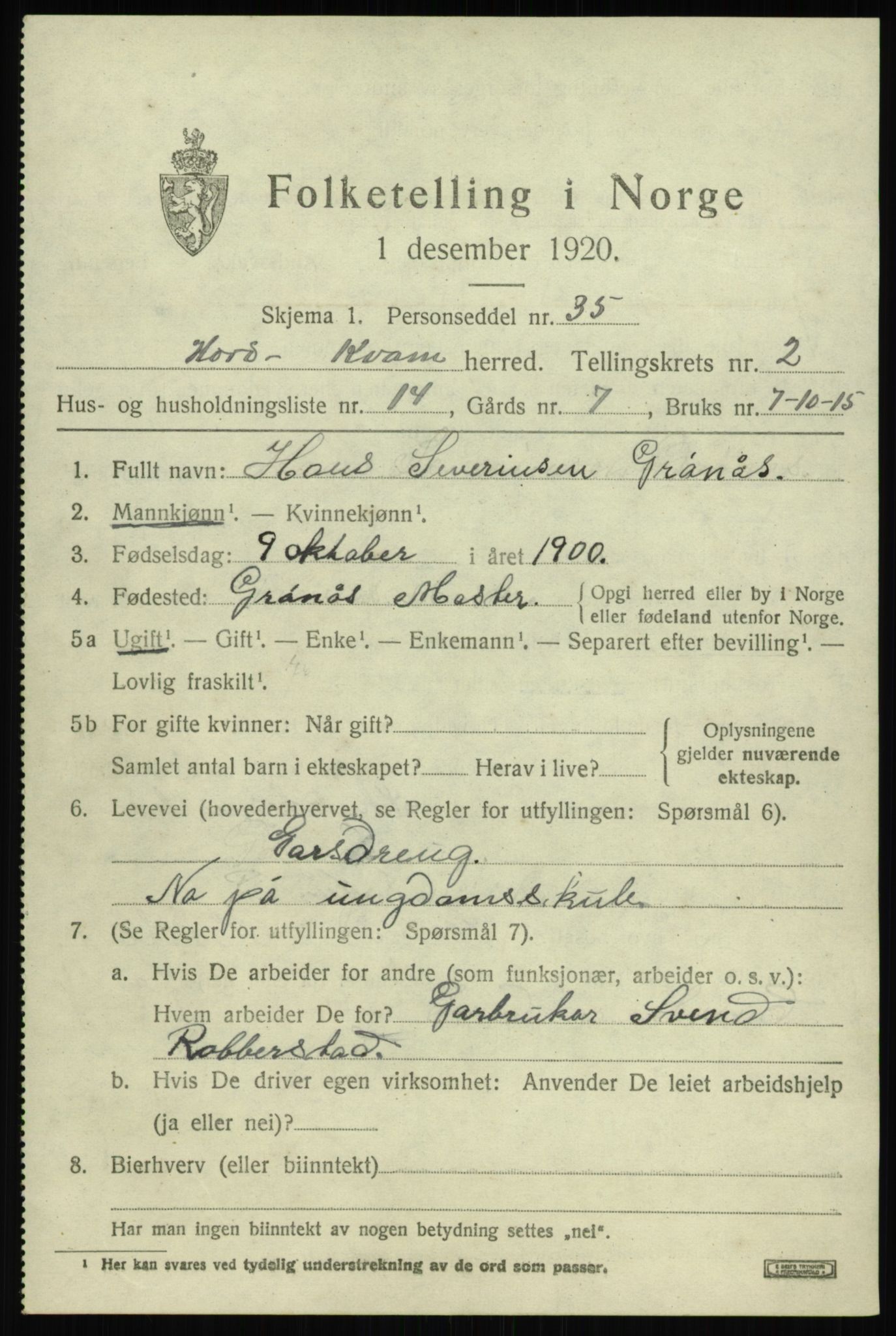 SAB, 1920 census for Kvam, 1920, p. 2039