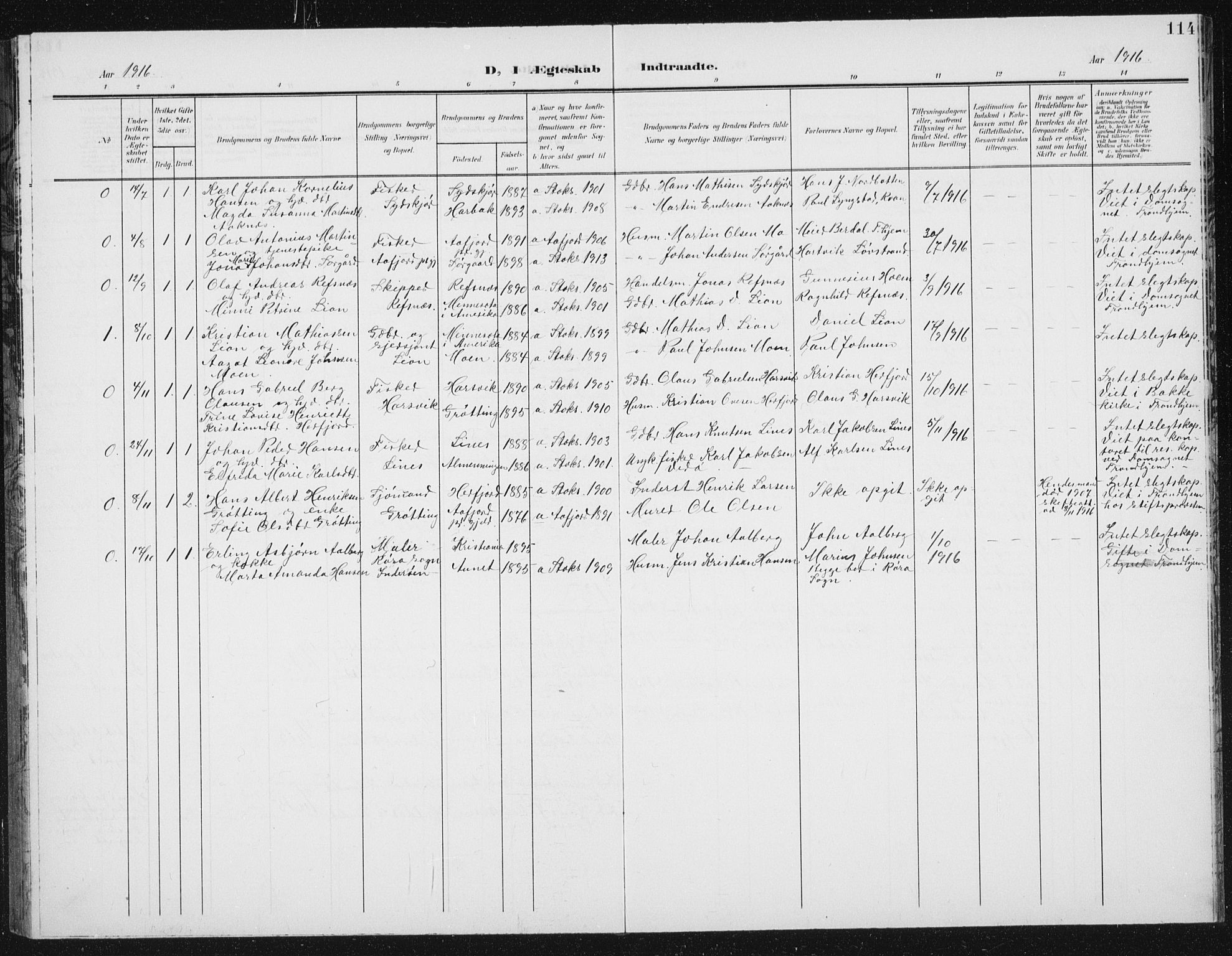 Ministerialprotokoller, klokkerbøker og fødselsregistre - Sør-Trøndelag, SAT/A-1456/656/L0699: Parish register (copy) no. 656C05, 1905-1920, p. 114