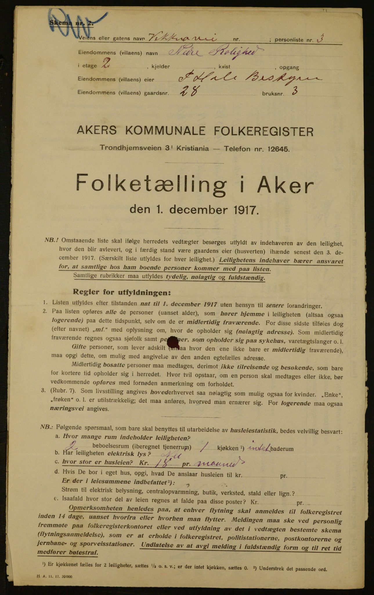 OBA, Municipal Census 1917 for Aker, 1917, p. 3008