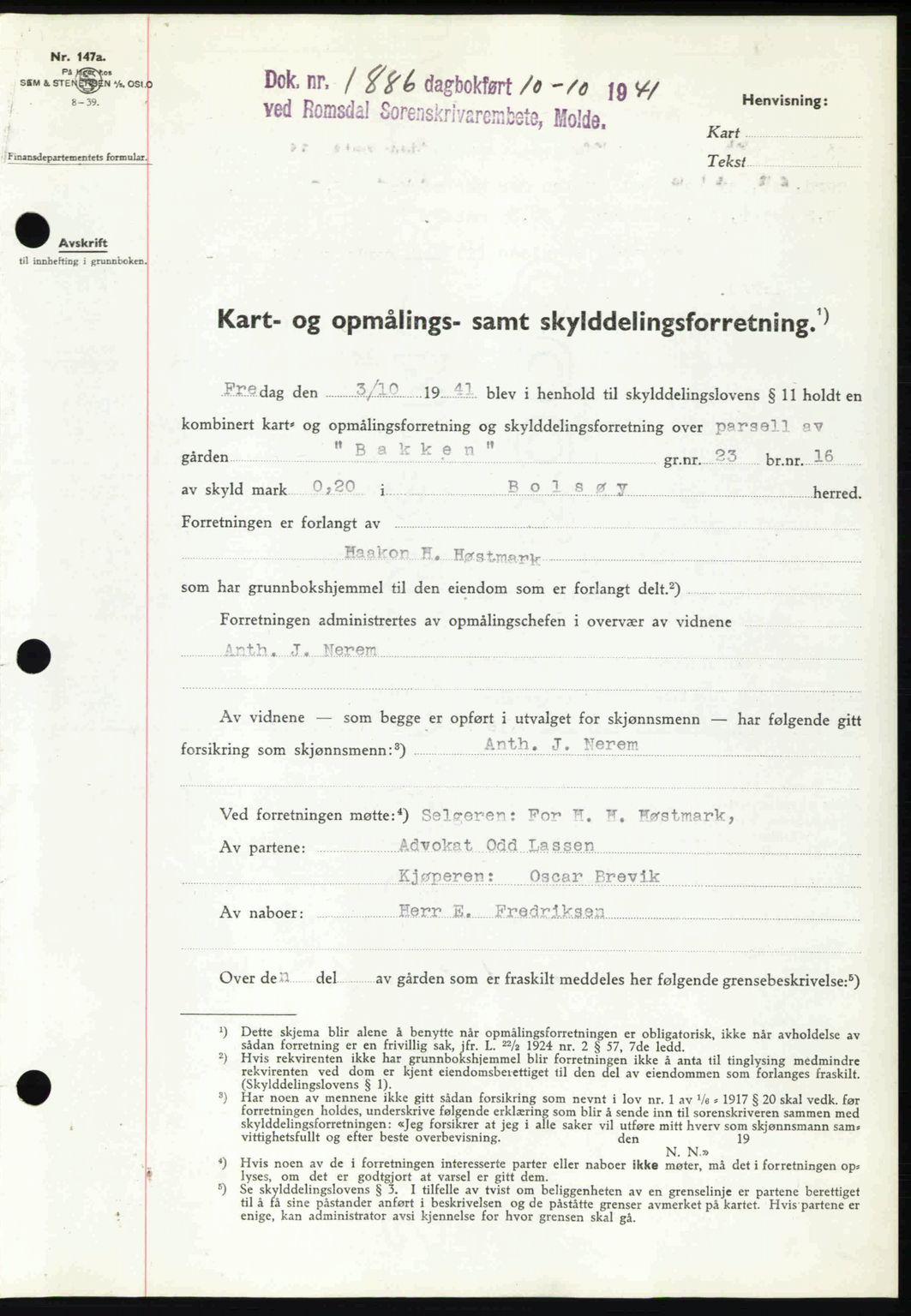 Romsdal sorenskriveri, AV/SAT-A-4149/1/2/2C: Mortgage book no. A11, 1941-1942, Diary no: : 1886/1941