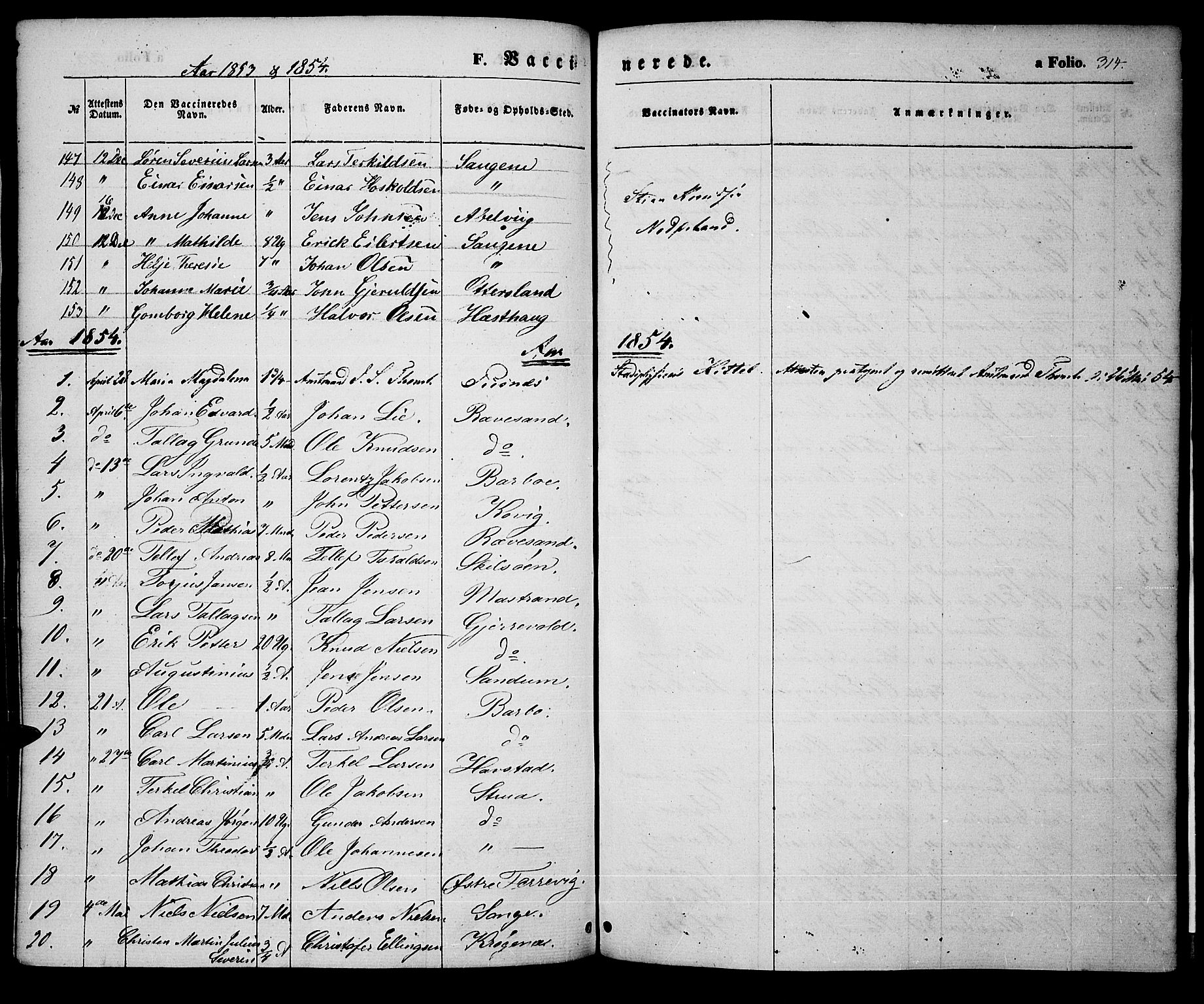 Tromøy sokneprestkontor, SAK/1111-0041/F/Fa/L0005: Parish register (official) no. A 5, 1847-1856, p. 314