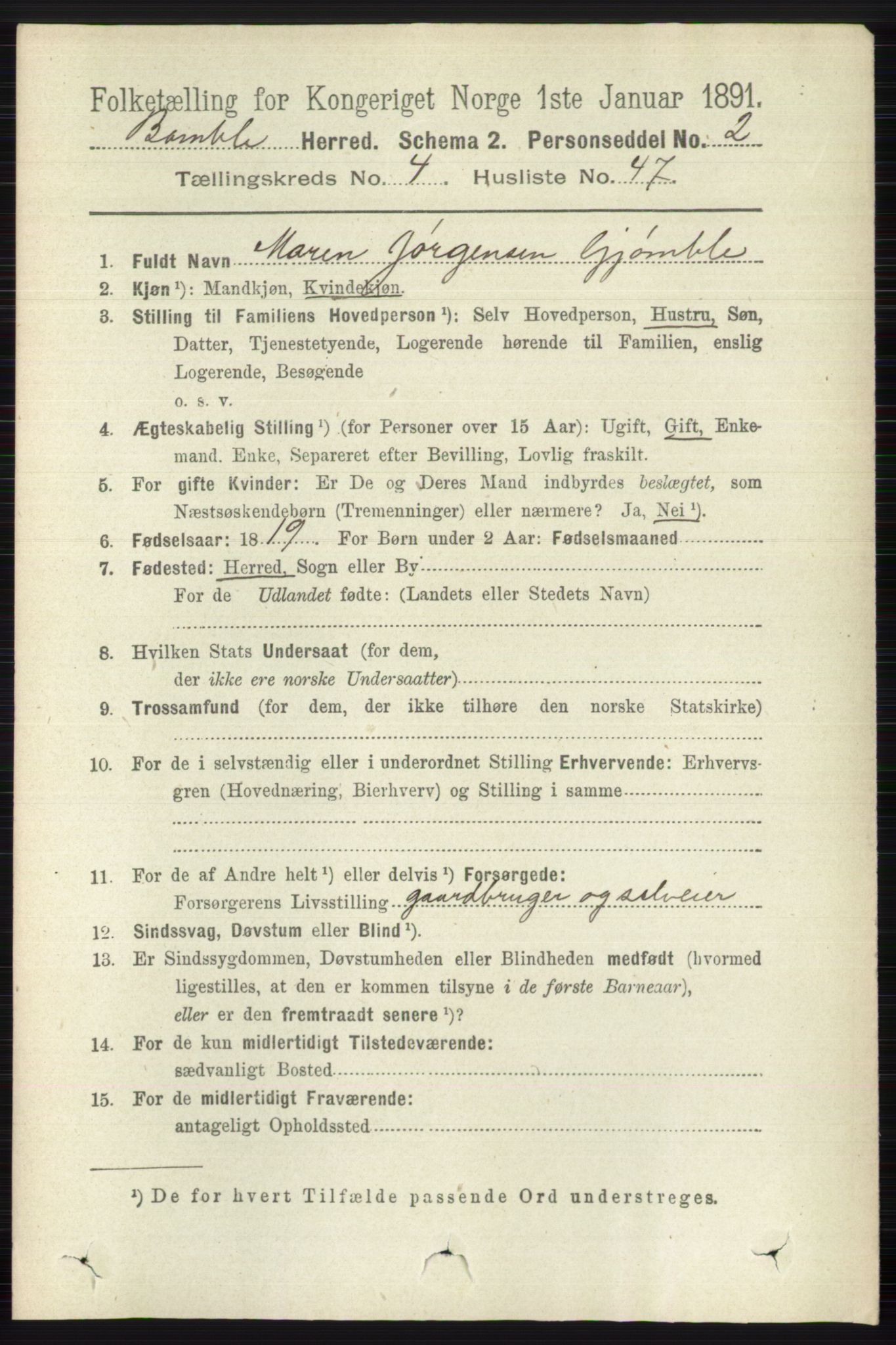 RA, 1891 census for 0814 Bamble, 1891, p. 2016