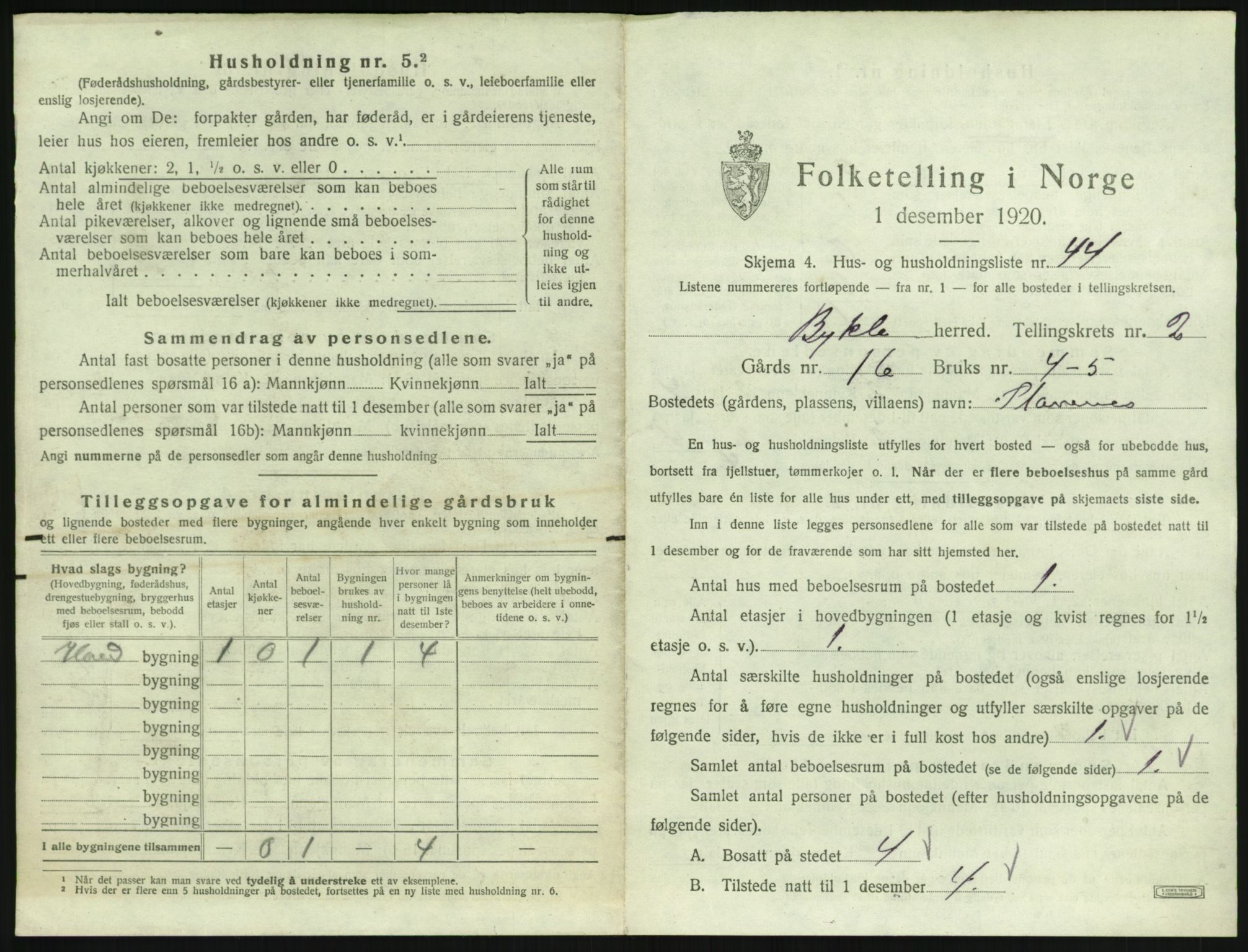 SAK, 1920 census for Bykle, 1920, p. 157