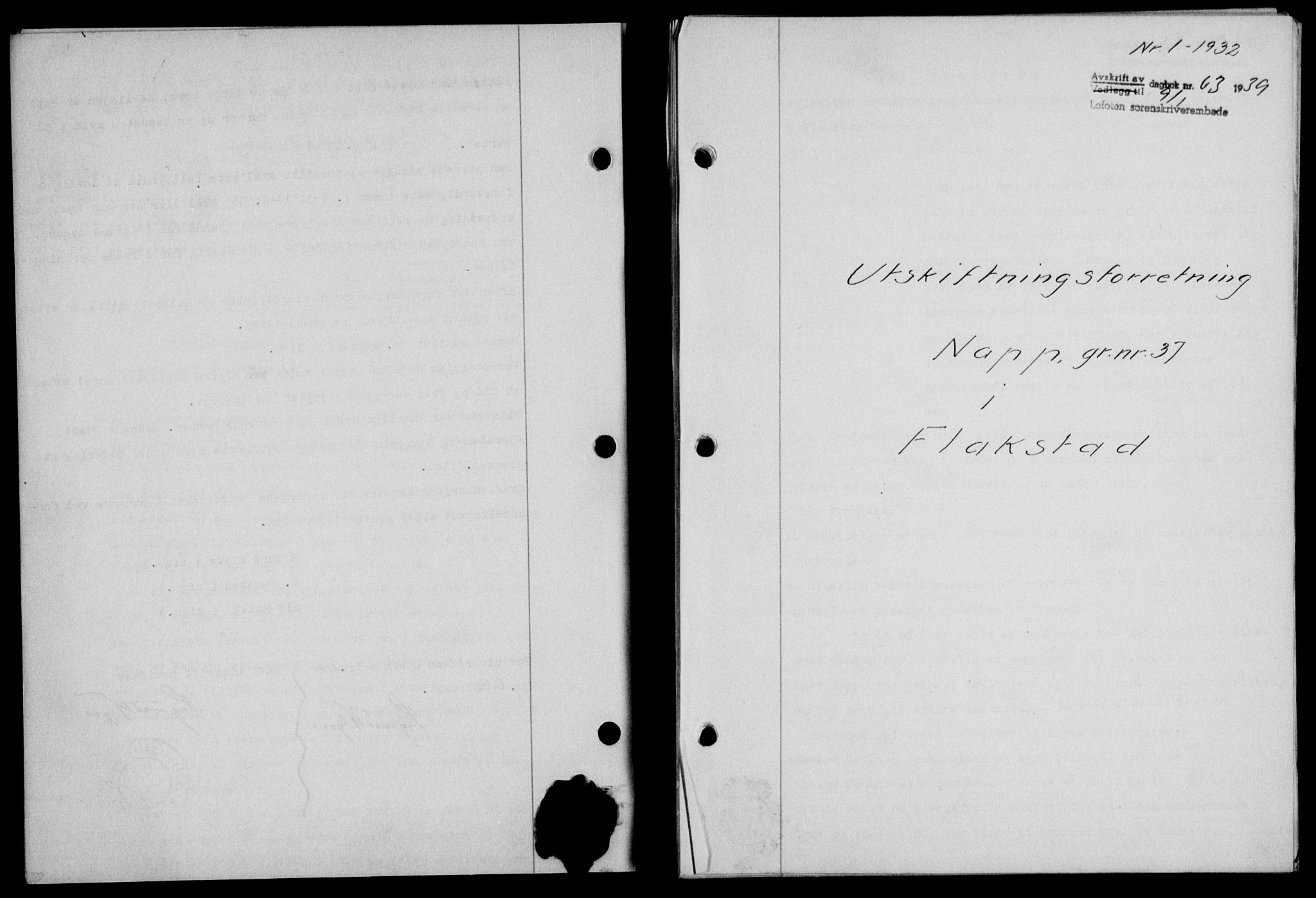 Lofoten sorenskriveri, SAT/A-0017/1/2/2C/L0005a: Mortgage book no. 5a, 1939-1939, Diary no: : 63/1939