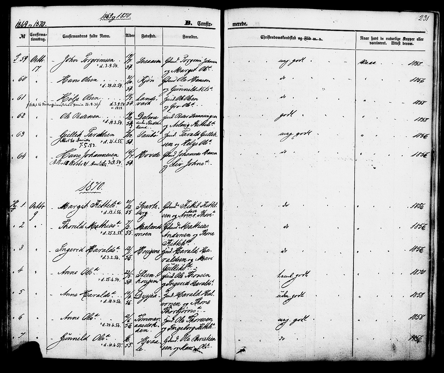 Hjartdal kirkebøker, SAKO/A-270/F/Fa/L0009: Parish register (official) no. I 9, 1860-1879, p. 231