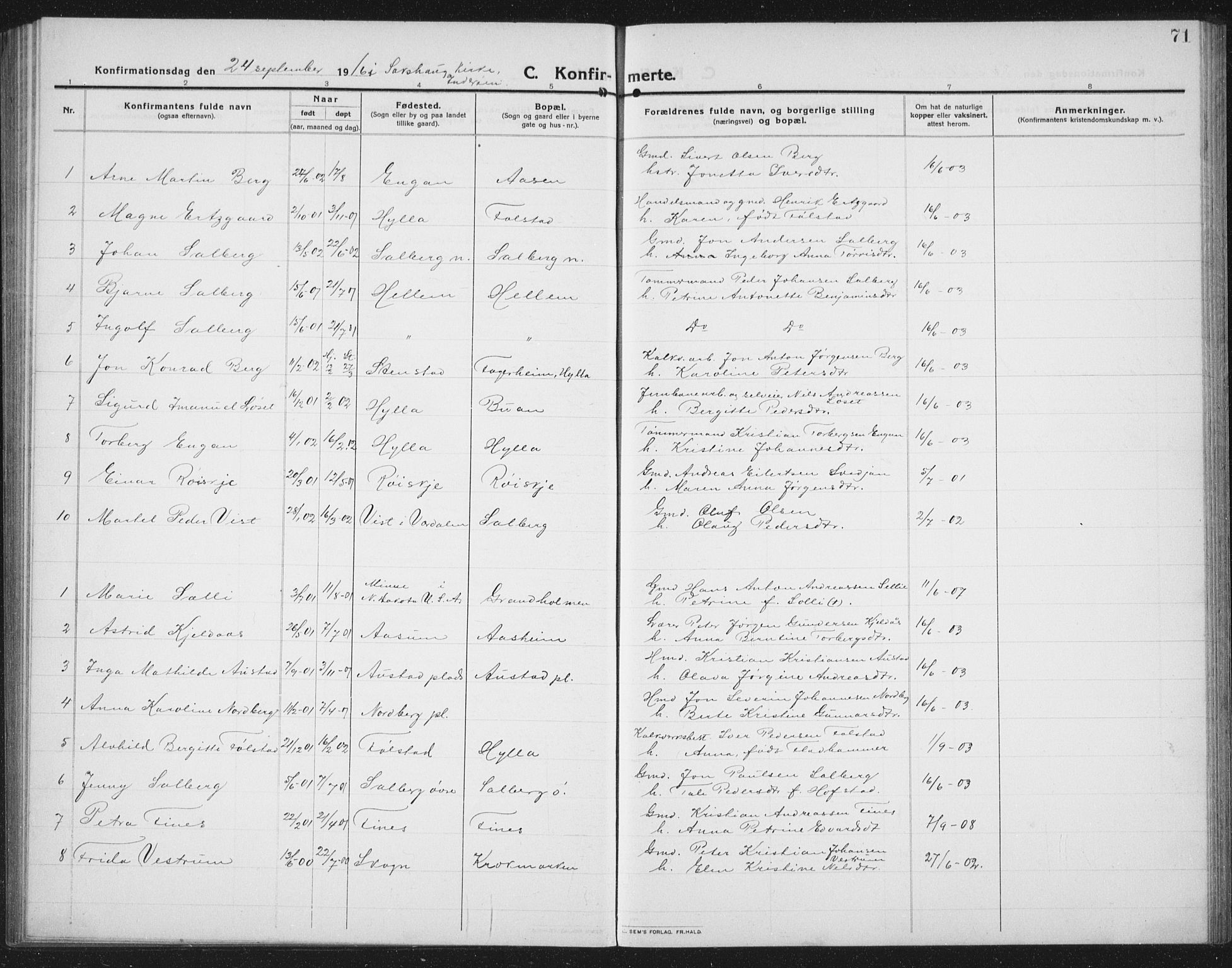 Ministerialprotokoller, klokkerbøker og fødselsregistre - Nord-Trøndelag, SAT/A-1458/731/L0312: Parish register (copy) no. 731C03, 1911-1935, p. 71