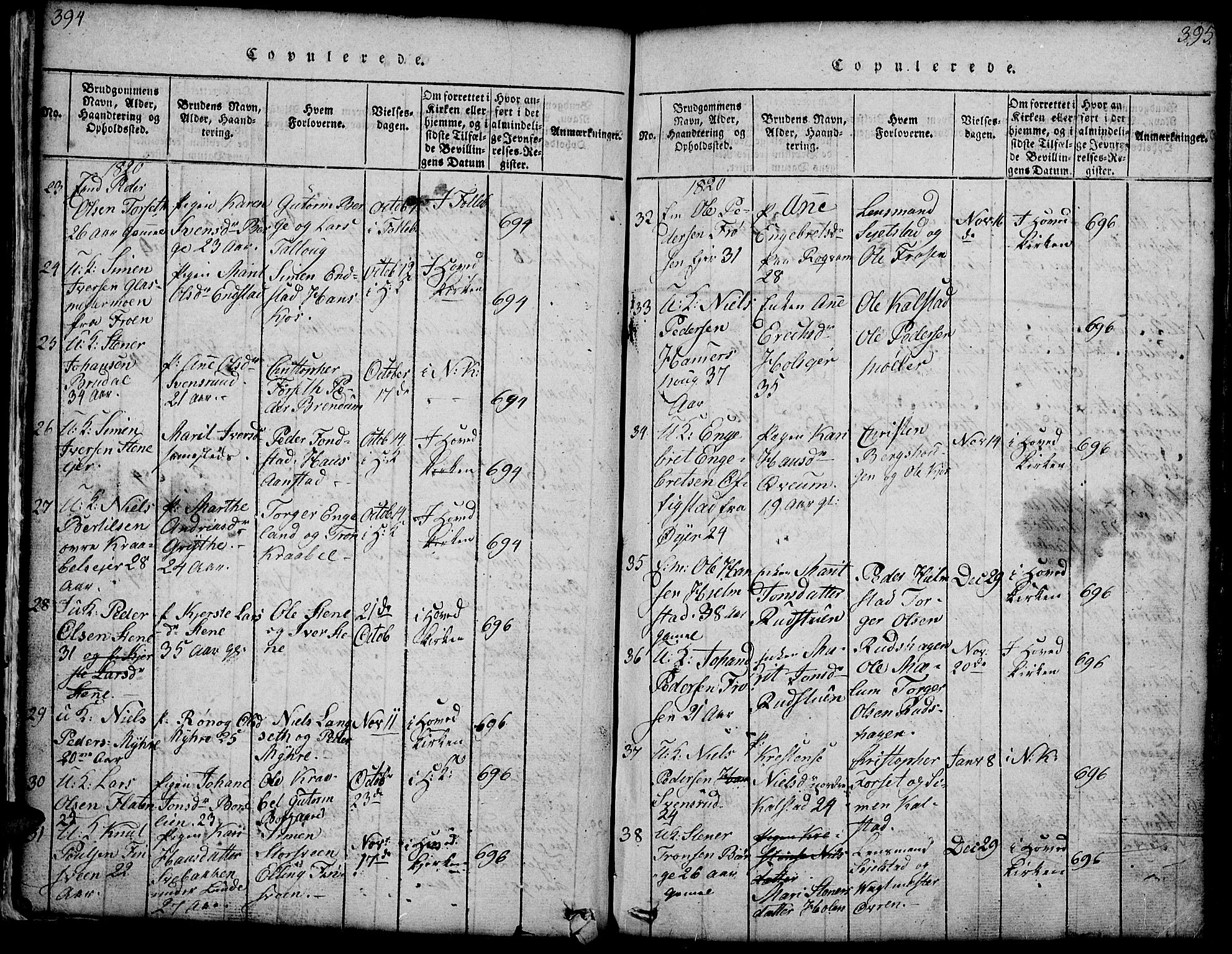 Gausdal prestekontor, SAH/PREST-090/H/Ha/Hab/L0001: Parish register (copy) no. 1, 1817-1848, p. 394-395