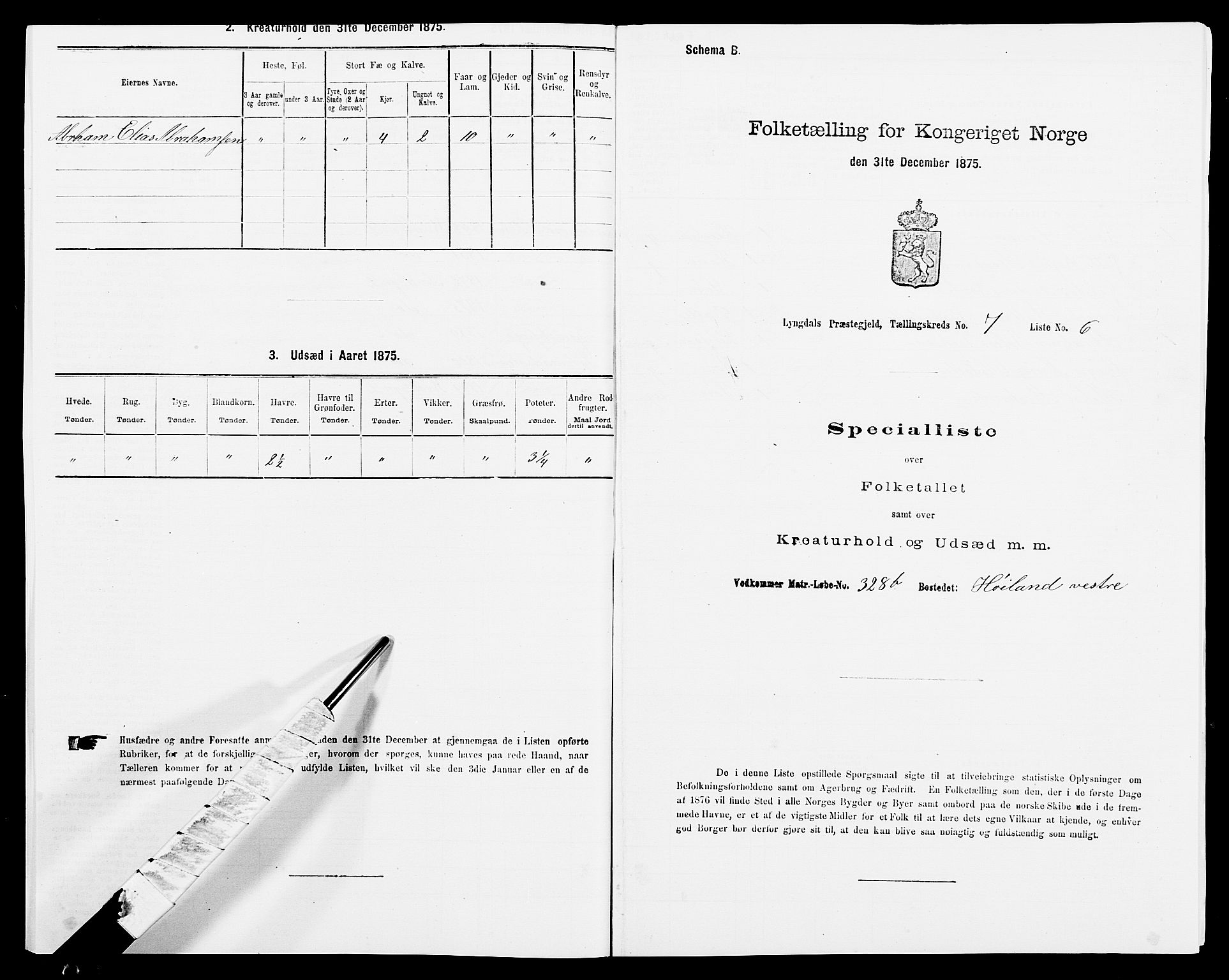 SAK, 1875 census for 1032P Lyngdal, 1875, p. 1111