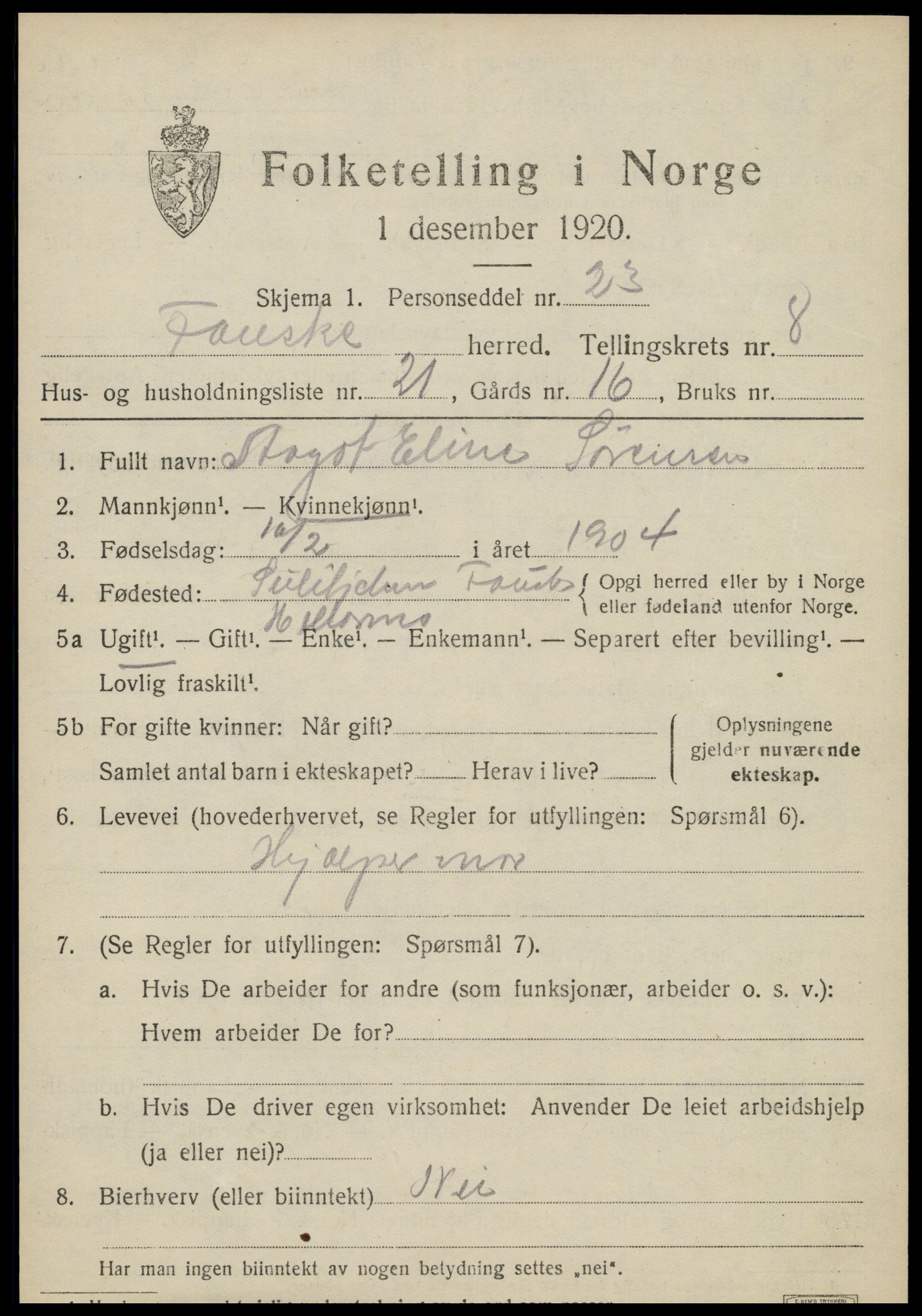 SAT, 1920 census for Fauske, 1920, p. 6604