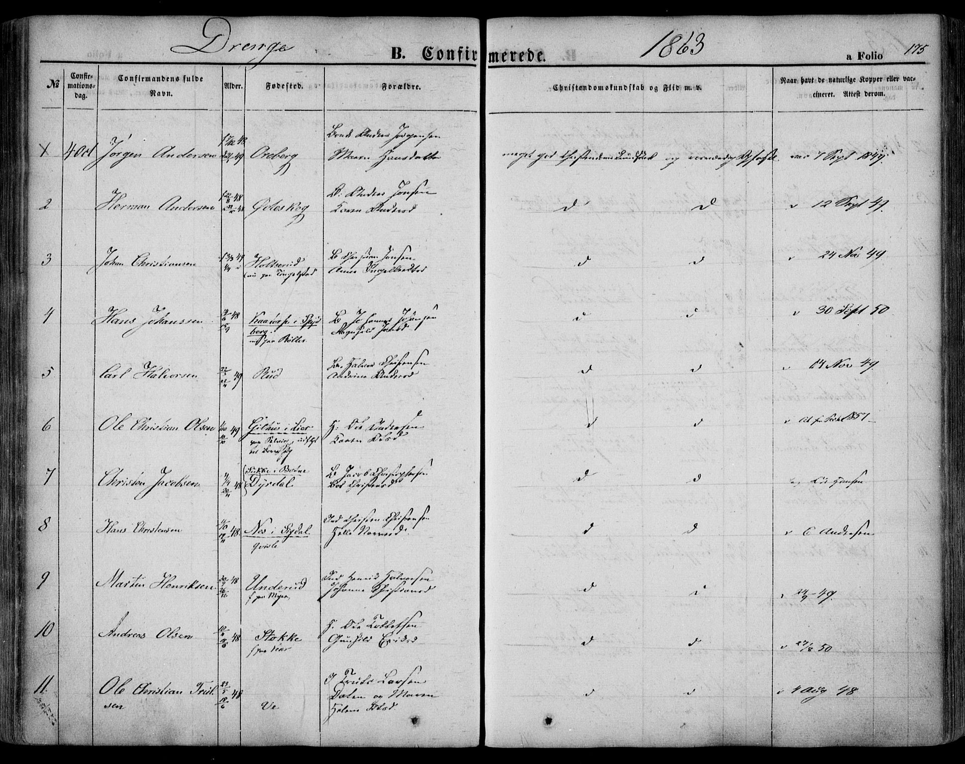 Sande Kirkebøker, SAKO/A-53/F/Fa/L0004: Parish register (official) no. 4, 1847-1864, p. 175