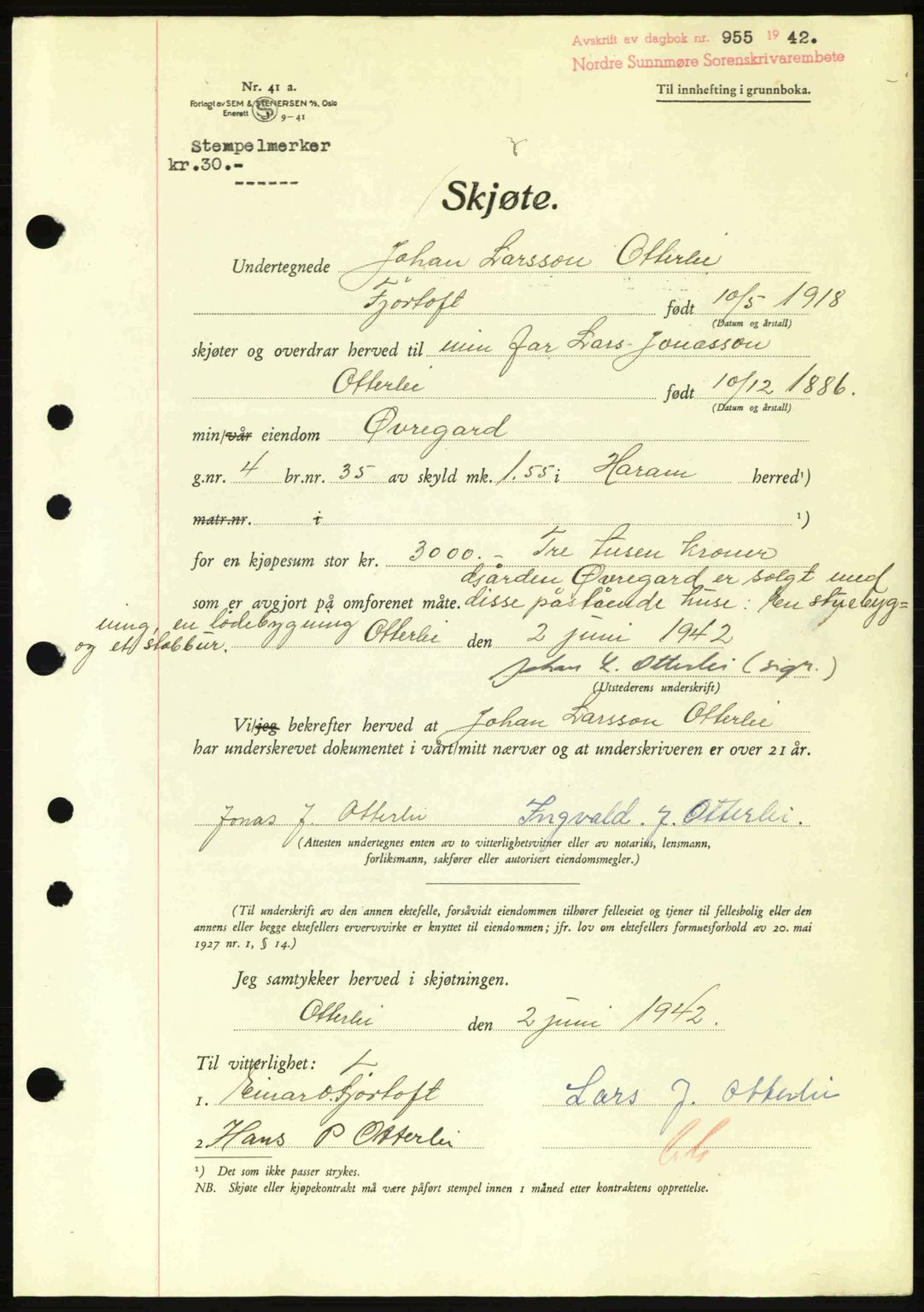 Nordre Sunnmøre sorenskriveri, AV/SAT-A-0006/1/2/2C/2Ca: Mortgage book no. A13, 1942-1942, Diary no: : 955/1942