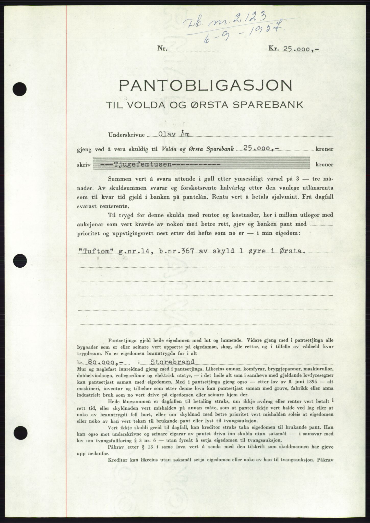 Søre Sunnmøre sorenskriveri, AV/SAT-A-4122/1/2/2C/L0130: Mortgage book no. 18B, 1957-1958, Diary no: : 2123/1957