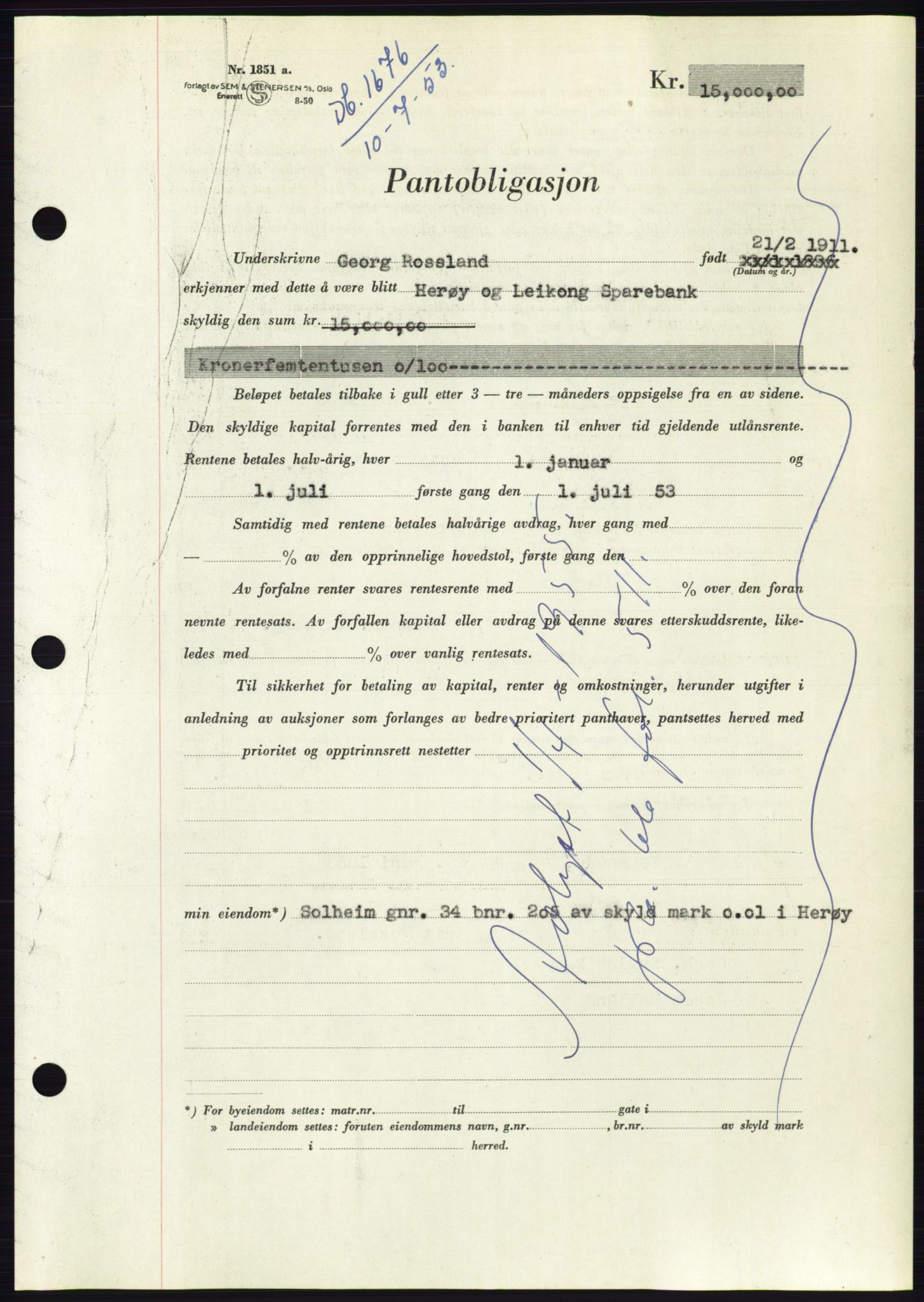 Søre Sunnmøre sorenskriveri, AV/SAT-A-4122/1/2/2C/L0123: Mortgage book no. 11B, 1953-1953, Diary no: : 1676/1953