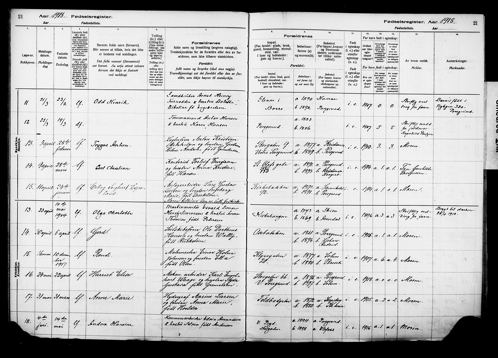 Porsgrunn kirkebøker , AV/SAKO-A-104/J/Ja/L0001: Birth register no. 1, 1916-1929, p. 21